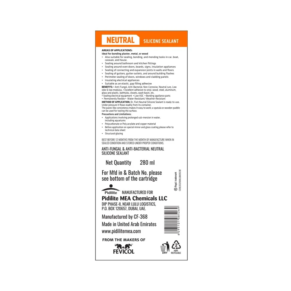 درزگیر سیلیکونی خنثی دکتر فیکست شفاف 280 میلی لیتر – چسب با عملکرد بالا و بدون بو برای فلز، پلاستیک، شیشه و مصالح ساختمانی | ضد آب و مقاوم در برابر آب و هوا | ایده آل برای استفاده در محیط های داخلی و خارجی