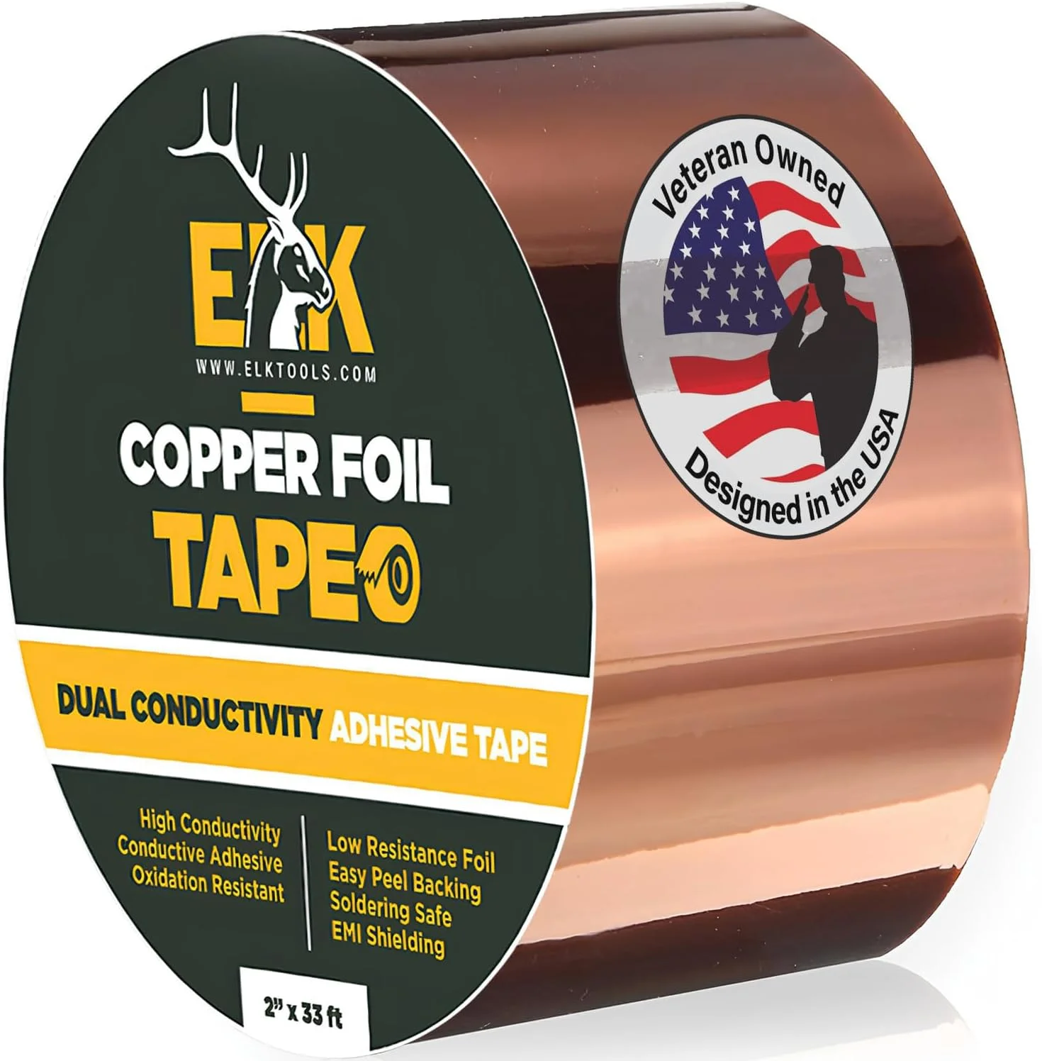 نوار فویل مسی ELK با چسب رسانا برای گیتار و محافظت در برابر تداخل الکترومغناطیسی، دفع حلزون، صنایع دستی، تعمیرات الکتریکی و اتصال به زمین 2" x 33' قهوه ای CFTP 1