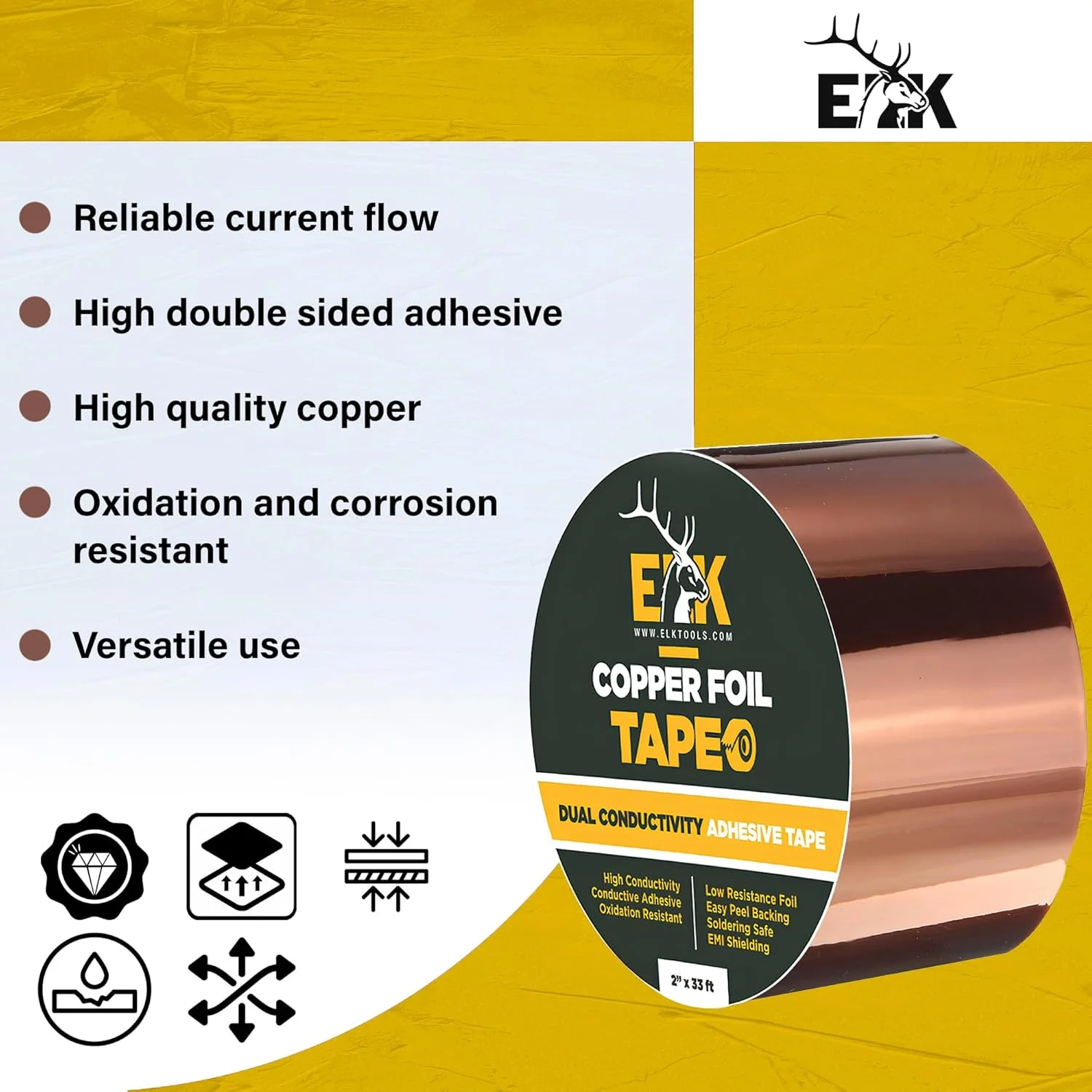 نوار فویل مسی ELK با چسب رسانا برای گیتار و محافظت در برابر تداخل الکترومغناطیسی، دفع حلزون، صنایع دستی، تعمیرات الکتریکی و اتصال به زمین 2" x 33' قهوه ای CFTP 1