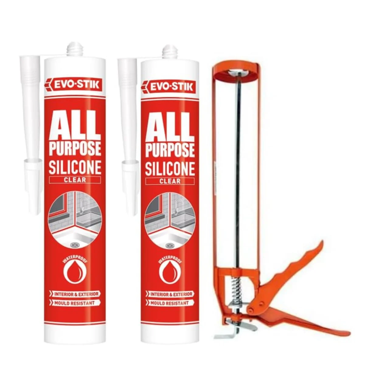 سیلیکون درزگیر شفاف Evo Stik، مقاوم در برابر آب و کپک، چند منظوره، 2×280 میلی لیتر + تفنگ درزگیری