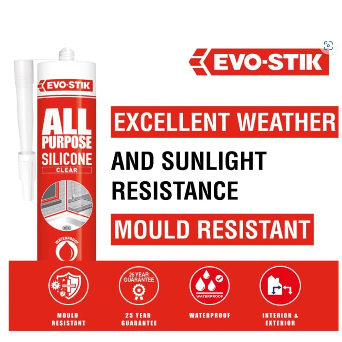 سیلیکون درزگیر شفاف Evo Stik، مقاوم در برابر آب و کپک، چند منظوره، 2×280 میلی لیتر + تفنگ درزگیری