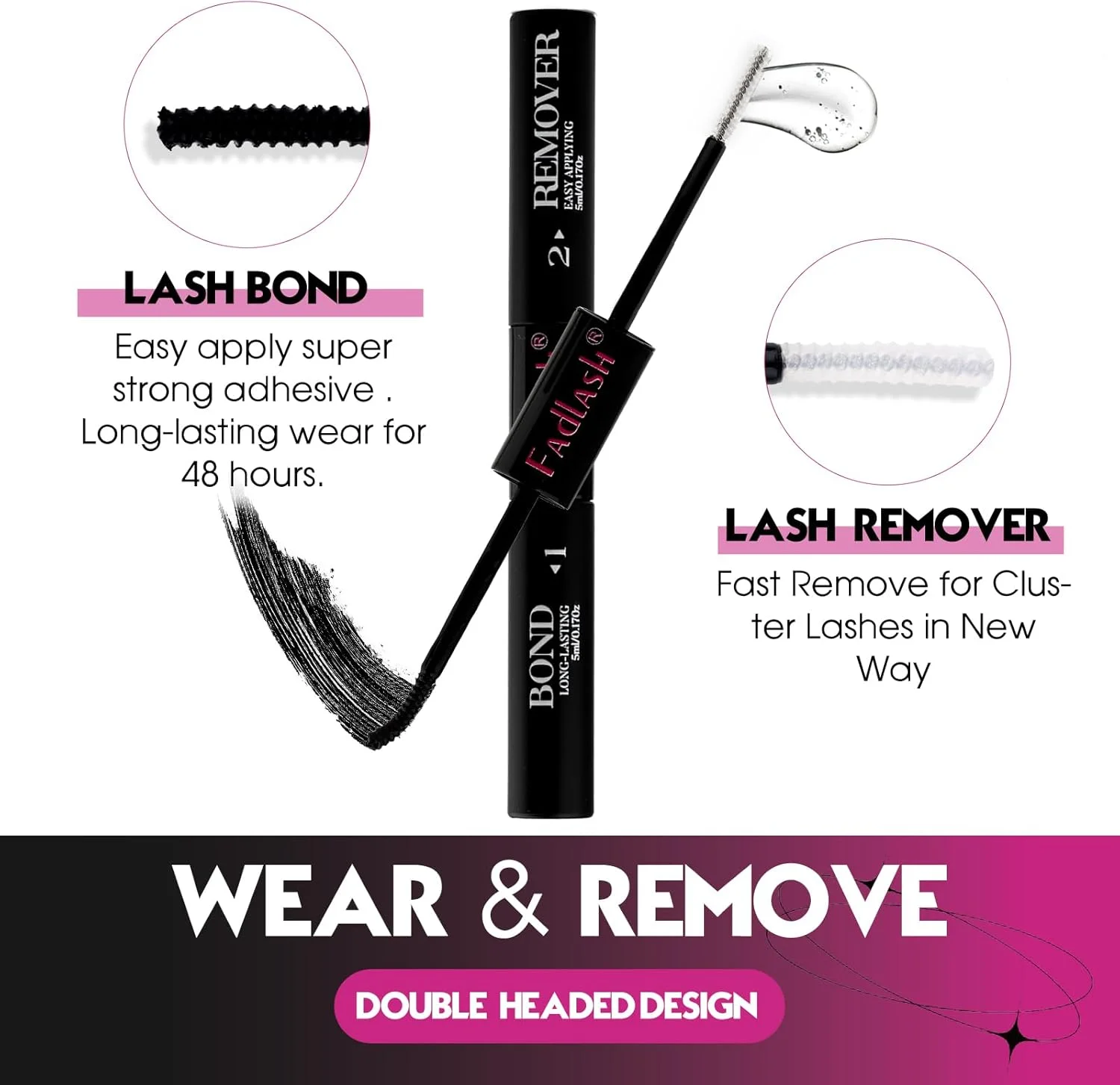 چسب و ریموور مژه FADLASH، چسب مژه و ریموور 2 در 1 برای مژه‌های خوشه‌ای و تکی، چسب تسکین‌دهنده و غیر تحریک‌کننده مژه با قدرت چسبندگی فوق‌العاده قوی 48 ساعته