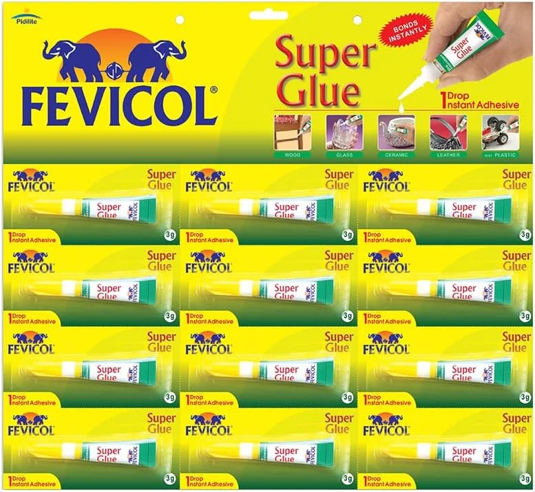 چسب قطره ای فوری چند منظوره Fevicol Super Glue، 3 گرمی، بسته 12 عددی، مناسب برای چوب، سرامیک، شیشه، چرم، پلاستیک و صنایع دستی