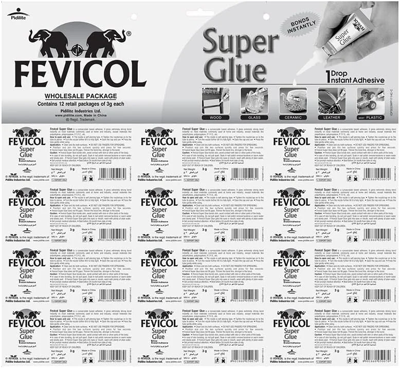 چسب قطره ای فوری چند منظوره Fevicol Super Glue، 3 گرمی، بسته 12 عددی، مناسب برای چوب، سرامیک، شیشه، چرم، پلاستیک و صنایع دستی