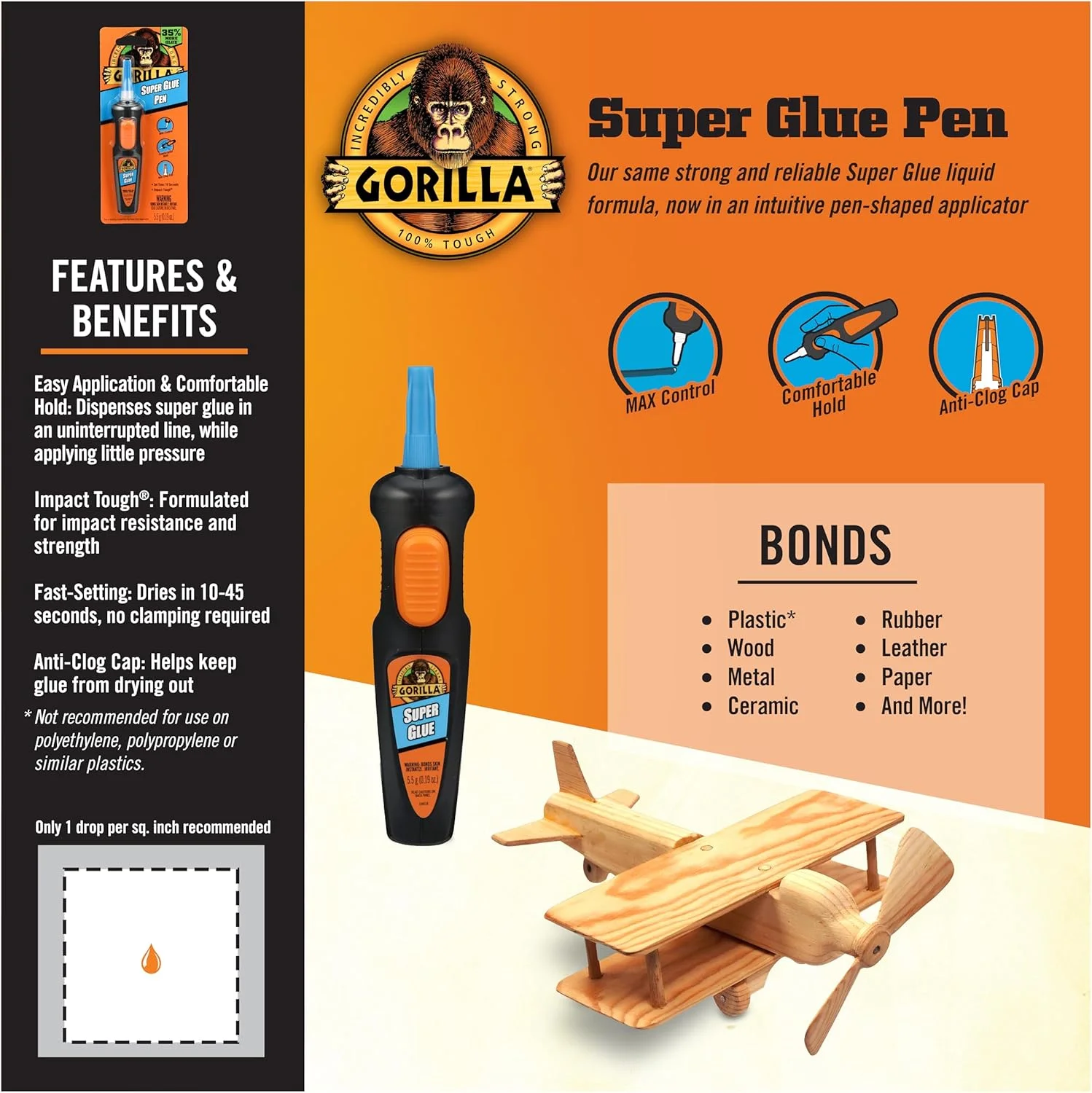 چسب قطره ای قلمی گوریلا، چسب سیانواکریلات، با چسبندگی سریع، دارای اپلیکاتور دقیق به شکل قلم، شفاف، 5.5 گرم (بسته 1 عددی)