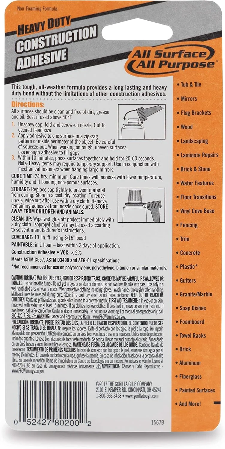 چسب ساختمانی سنگین گوریلا، تیوب فشاری 2.5 اونسی، سفید، 1 بسته 8020001