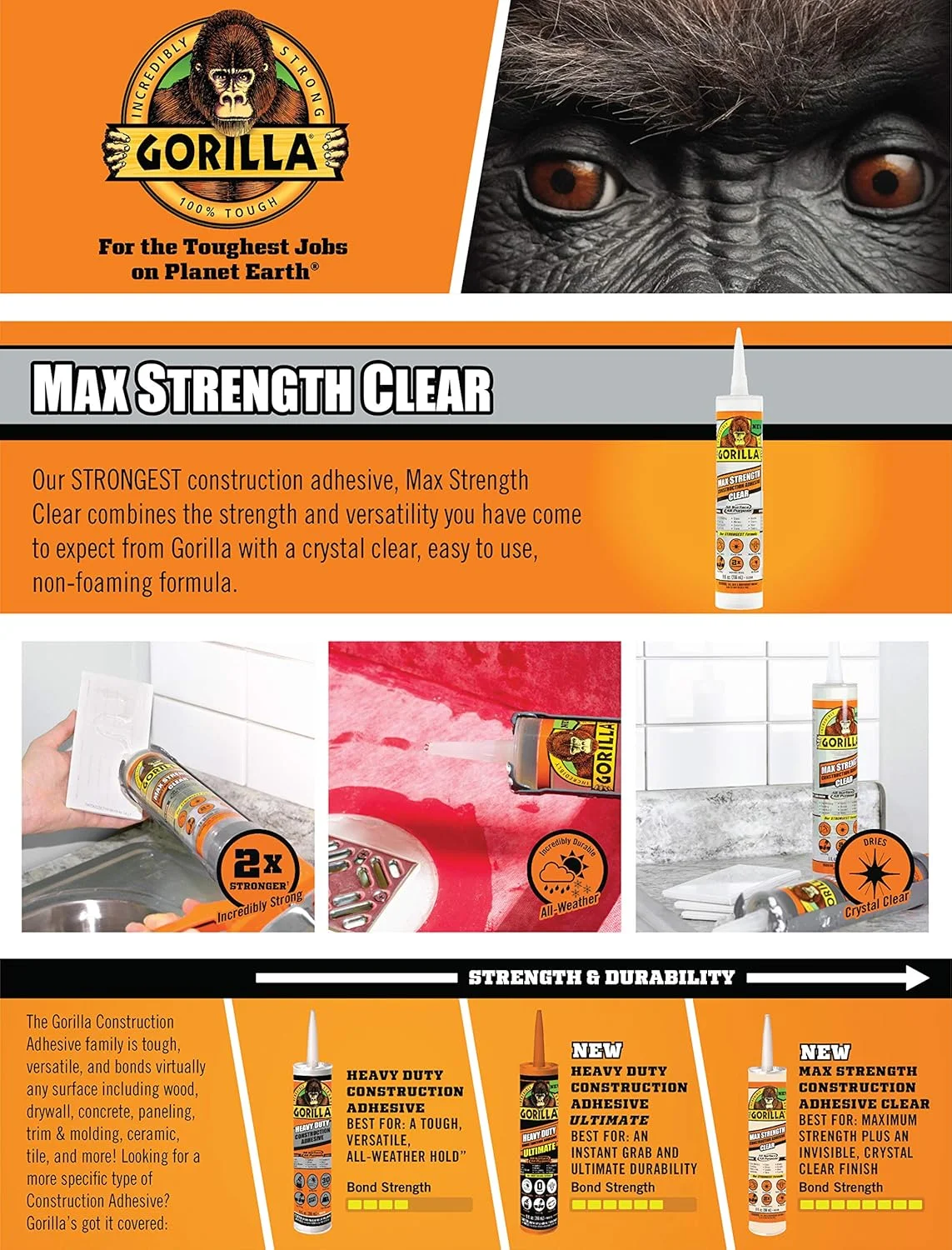 چسب ساختمانی شفاف با قدرت فوق العاده گوریلا، کارتریج 9 اونسی، شفاف، (بسته 1 عددی)