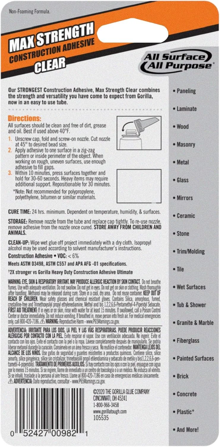 چسب ساختمانی شفاف با قدرت فوق العاده گوریلا، تیوب فشاری 73 میلی لیتری، شفاف، (بسته 1 عددی)