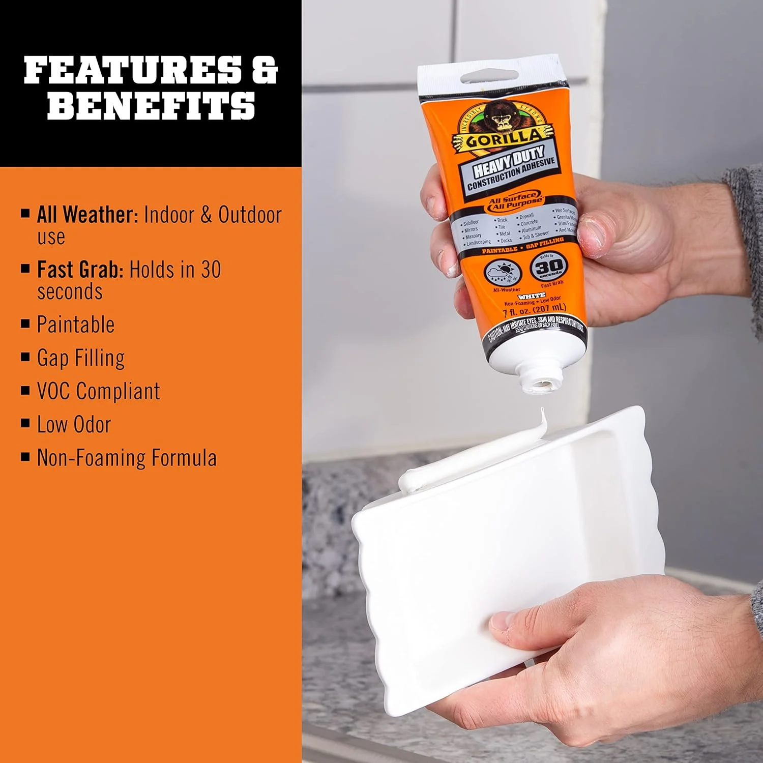 چسب ساختمانی سنگین گوریلا، تیوب فشاری 7 اونسی، سفید، (بسته 1 عددی)