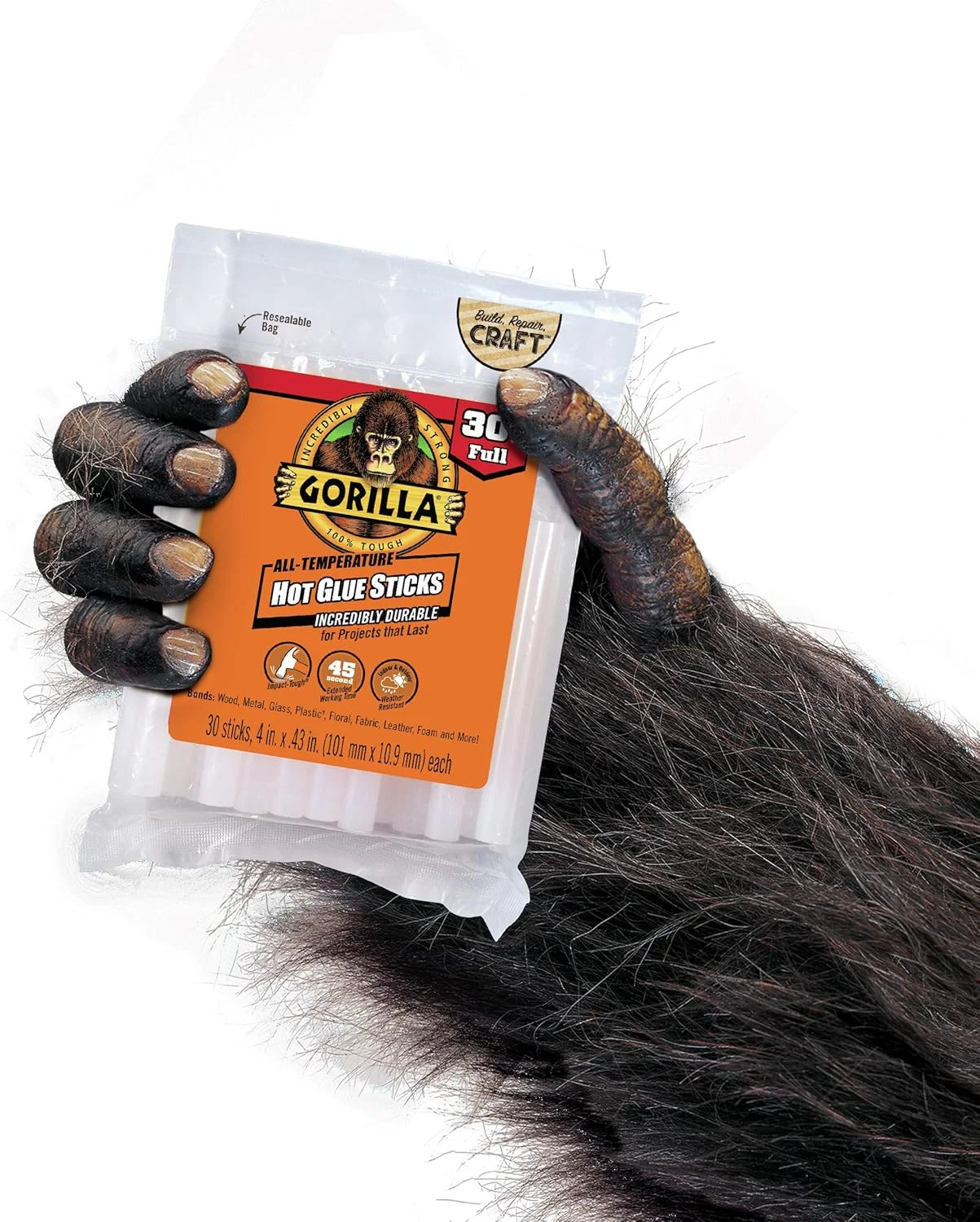 چسب حرارتی گوریلا، سایز بزرگ، 10 سانتی متر طول و 1 سانتی متر قطر، 30 عدد، شفاف، (بسته 1 عددی)