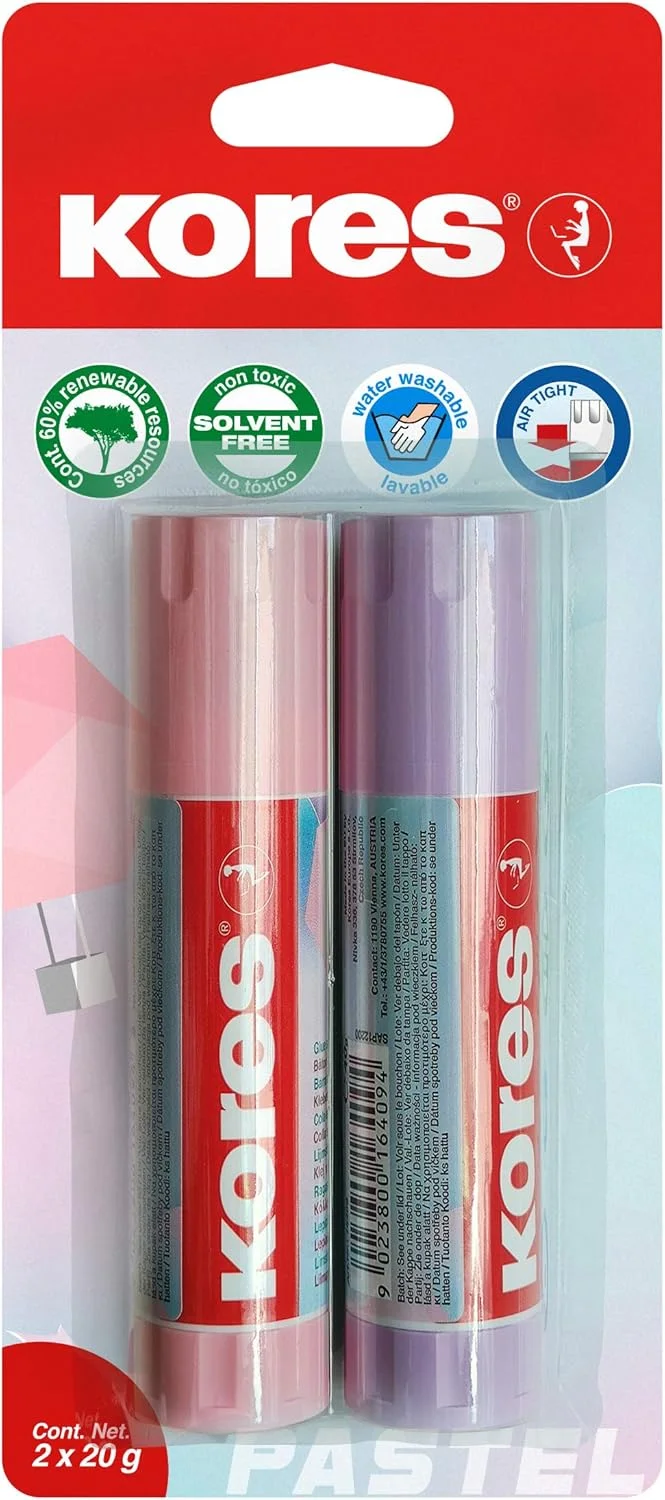 چسب ماتیکی پاستلی Kores - چسب سفید با قدرت چسبندگی بالا، ایمن، غیر سمی - چسب هنری، لوازم مدرسه، لوازم التحریر زیبا، چسب ماتیکی، لوازم اداری، چسب ماتیکی - بسته 2 عددی 20 گرمی