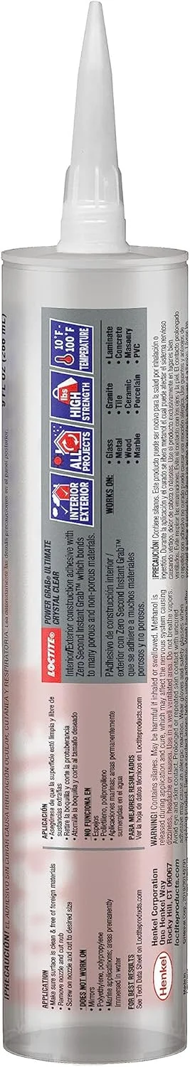 چسب ساختمانی شفاف Loctite Power Grab Ultimate - چسب ساختمانی چند منظوره برای شیشه، چوب، فلز و موارد دیگر - کارتریج 266 میلی لیتری، 1 بسته چسب ساختمانی شفاف Loctite Power Grab Ultimate - چسب ساختمانی چند منظوره برای شیشه، چوب، فلز و موارد دیگر - کارتریج 266 میلی لیتری، 1 بسته