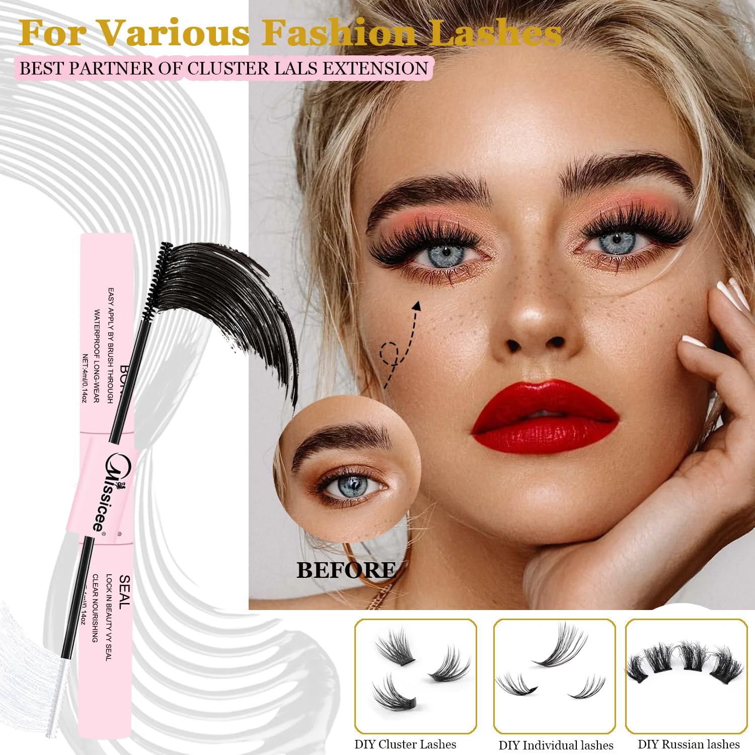 چسب مژه Missicee Bond and Seal 2 در 1 برای مژههای خوشهای DIY، چسب مژه با قدرت چسبندگی فوق العاده بالا تا 72 ساعت، بدون لاتکس، ضد آب، چسب مژه با برس ریمل برای چشمهای حساس، 1.0 عدد چسب مژه Missicee Bond and Seal 2 در 1 برای مژههای خوشهای DIY، چسب مژه با قدرت چسبندگی فوق العاده بالا تا 72 ساعت، بدون لاتکس، ضد آب، چسب مژه با برس ریمل برای چشمهای حساس، 1.0 عدد