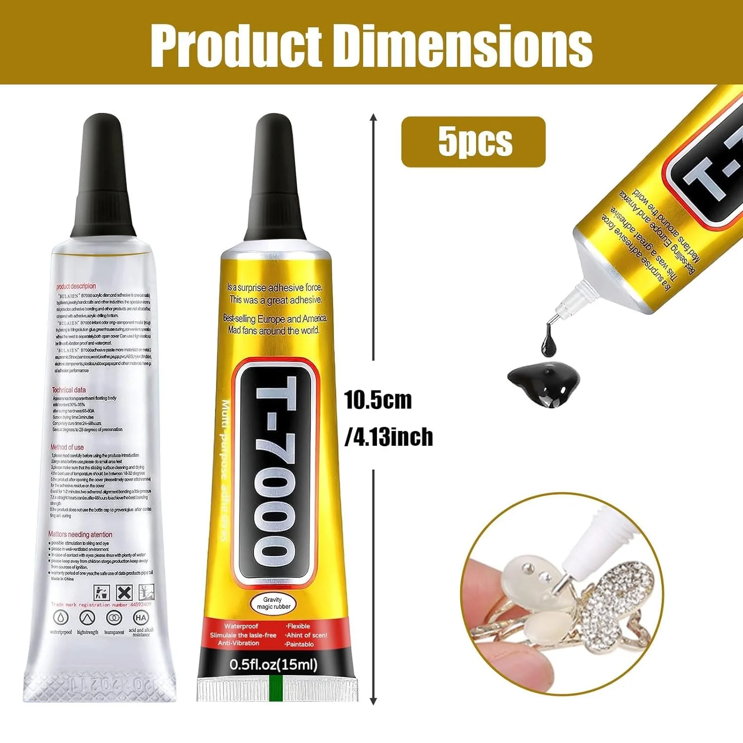 چسب مشکی Miqzwers T7000 برای تعمیرات موبایل، بسته 5 عددی چسب فوق العاده چند منظوره، چسب صنعتی برای تعمیر صفحه نمایش تلفن همراه، شیشه، چوب، صنایع دستی، فلز (15 میلی لیتر)