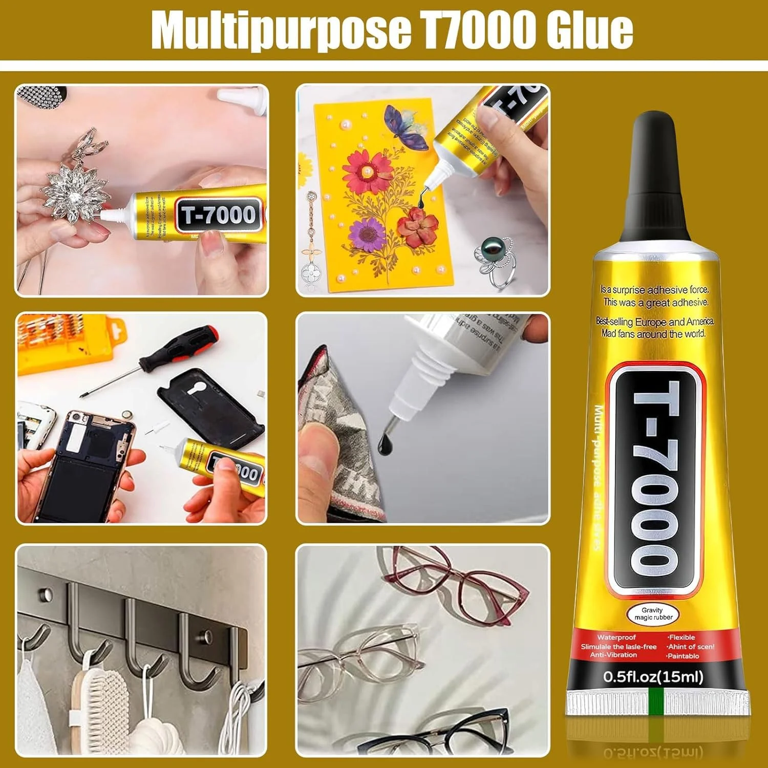 چسب مشکی Miqzwers T7000 برای تعمیرات موبایل، بسته 5 عددی چسب فوق العاده چند منظوره، چسب صنعتی برای تعمیر صفحه نمایش تلفن همراه، شیشه، چوب، صنایع دستی، فلز (15 میلی لیتر)