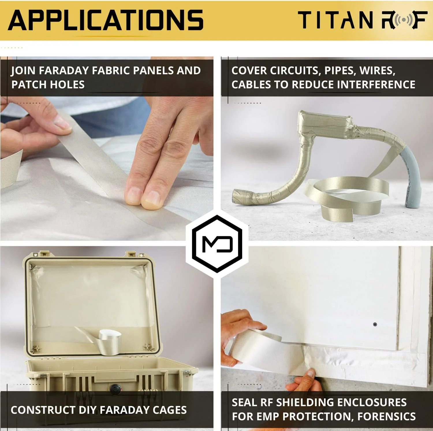 نوار رسانای محافظ تیتان آر اف - نوار چسب رسانای با محافظت بالا // برای اتصال ورقههای پارچه تیتان آر اف یا مهر و موم کردن محفظههای آر اف استفاده میشود // عرض 2.54 سانتی متر در طول 3.05 متر نوار رسانای محافظ تیتان آر اف - نوار چسب رسانای با محافظت بالا // برای اتصال ورقههای پارچه تیتان آر اف یا مهر و موم کردن محفظههای آر اف استفاده میشود // عرض 2.54 سانتی متر در طول 3.05 متر