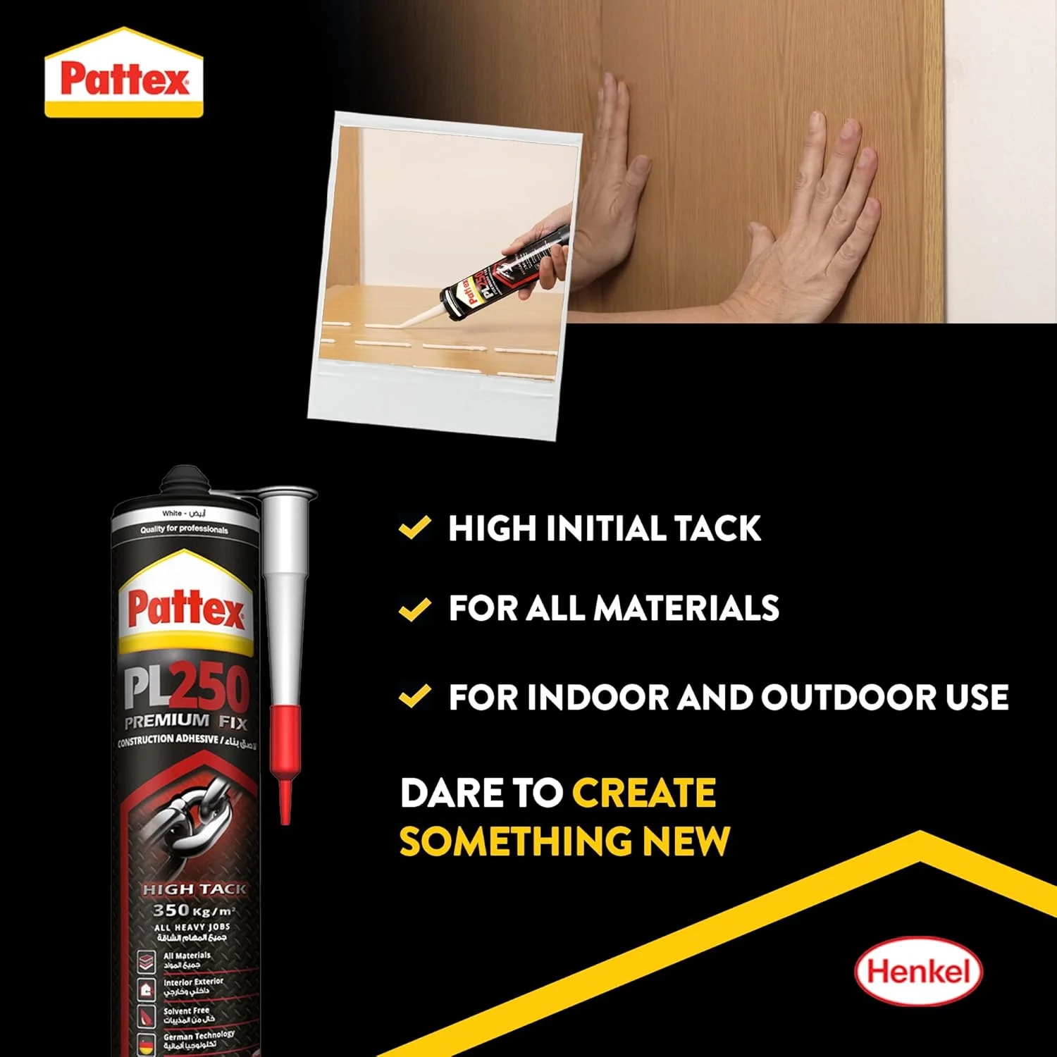 چسب ساختمانی Pattex PL 250 یک چسب ساختمانی حرفه ای بر پایه پلیمر و سیلیکون چند منظوره است