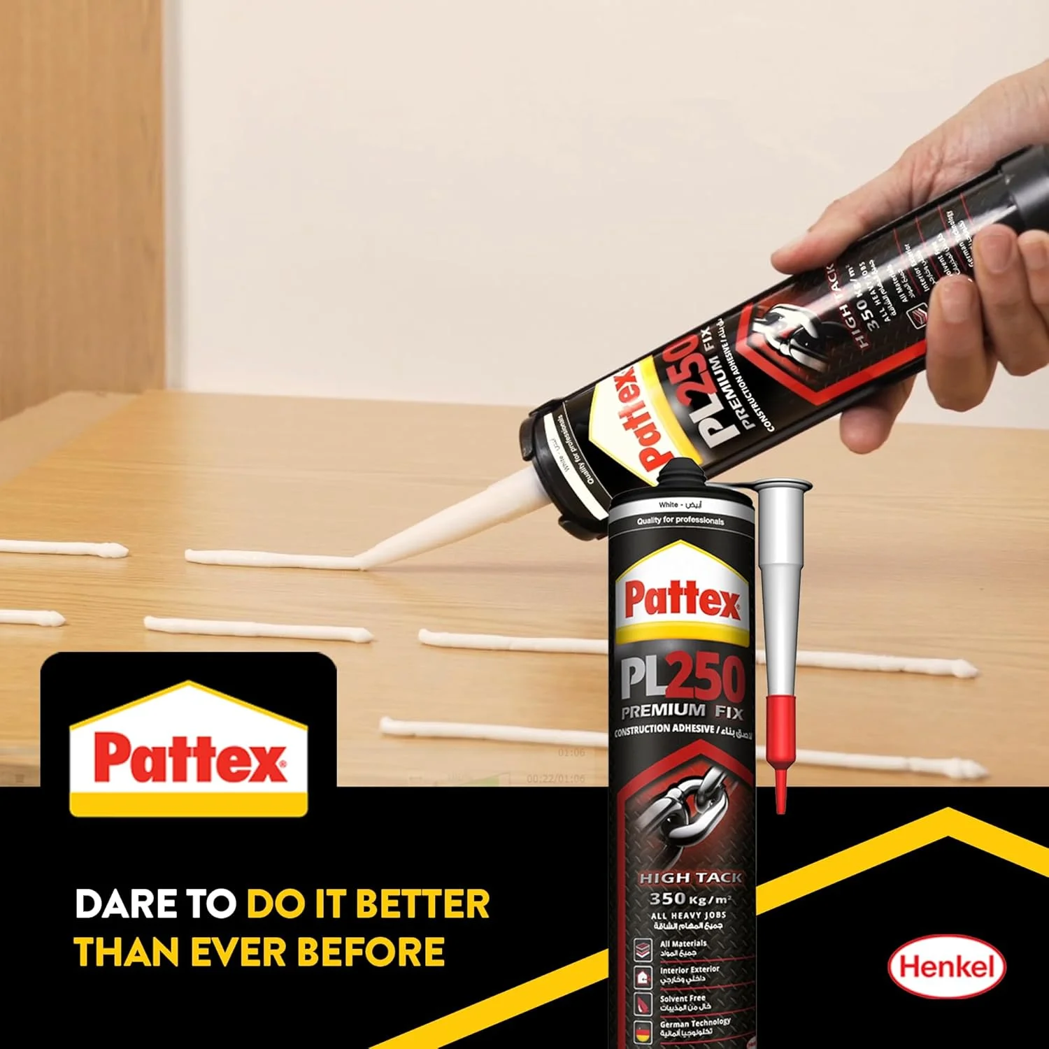 چسب ساختمانی Pattex PL 250 یک چسب ساختمانی حرفه ای بر پایه پلیمر و سیلیکون چند منظوره است