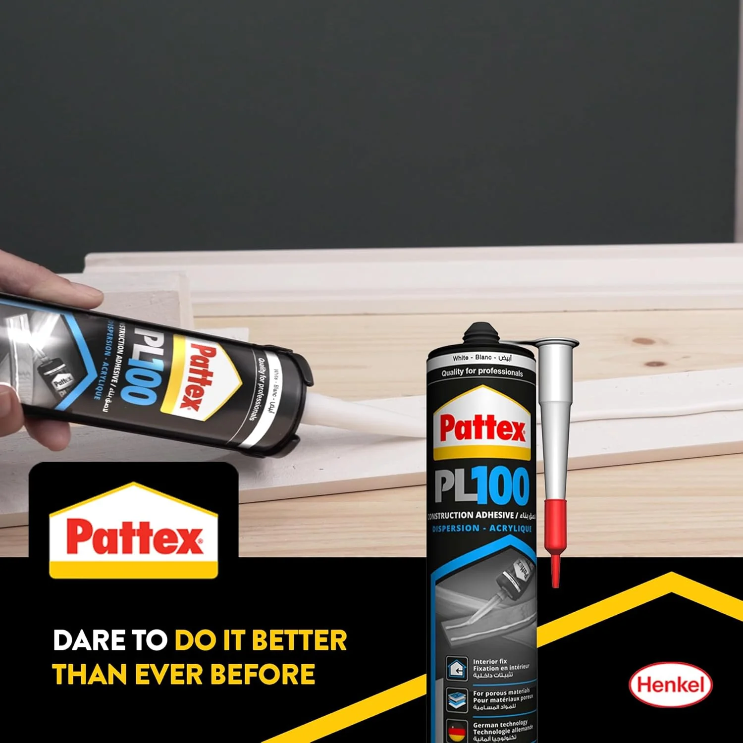 چسب ساختمانی Pattex PL100 (سفید) | چسب سیلیکونی پایه آب با چسبندگی اولیه بالا | بدون حلال و قابل رنگ آمیزی | ایده آل برای استفاده در محیط داخلی روی مواد متخلخل | 380 گرمی (بسته 2 عددی)