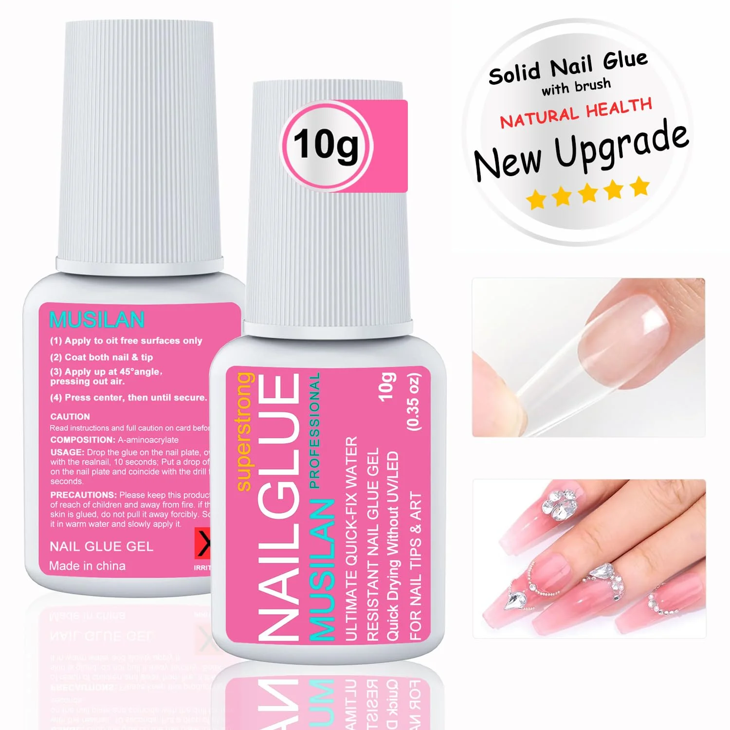 چسب ژل ناخن جامد 10 گرمی با قلم پاک کننده چسب 6 میلی لیتری، چسب ژل ناخن فوق العاده قوی برای ناخن های مصنوعی بدون نیاز به لامپ UV، قلم حذف چسب نوک ناخن حرفه ای با طراحی 3 در 1