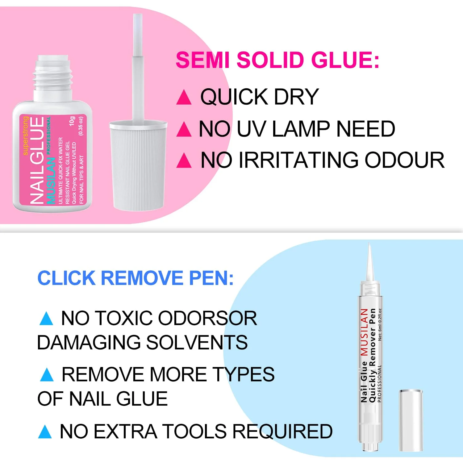 چسب ژل ناخن جامد 10 گرمی با قلم پاک کننده چسب 6 میلی لیتری، چسب ژل ناخن فوق العاده قوی برای ناخن های مصنوعی بدون نیاز به لامپ UV، قلم حذف چسب نوک ناخن حرفه ای با طراحی 3 در 1