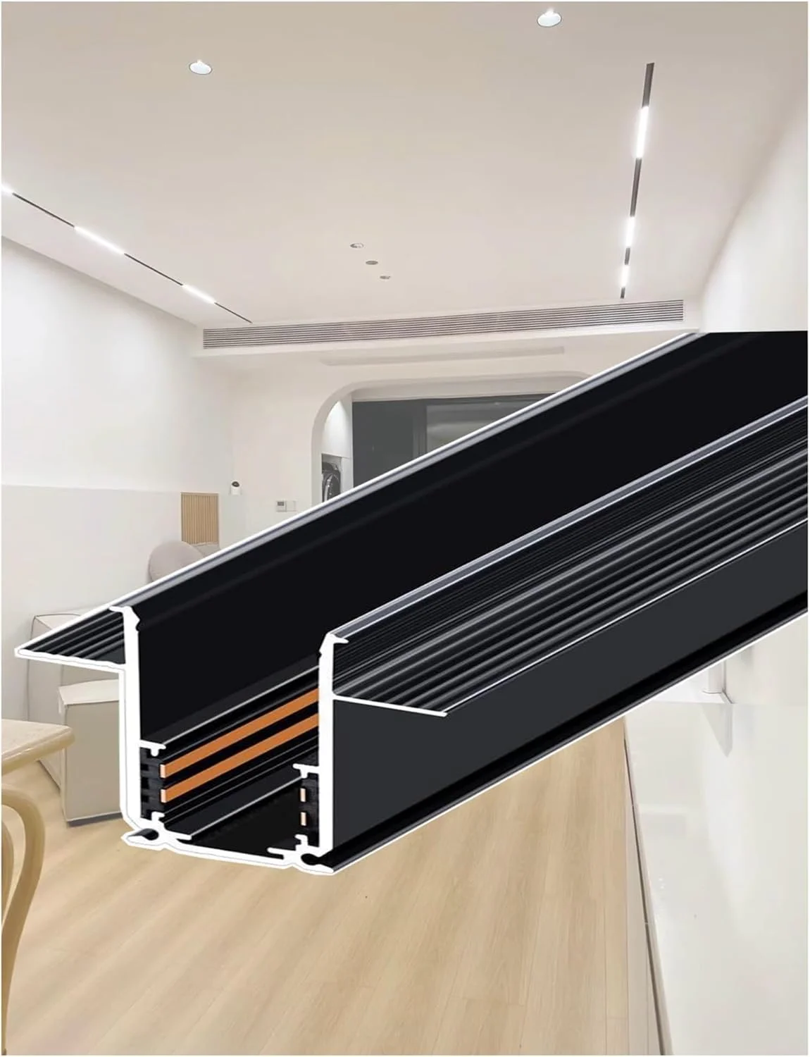 ریل چراغ خطی مغناطیسی توکار آلومینیومی، مناسب برای نصب همسطح در سقف، مدرن برای خانه، آشپزخانه، حمام، فروشگاه (200 سانتی متر)