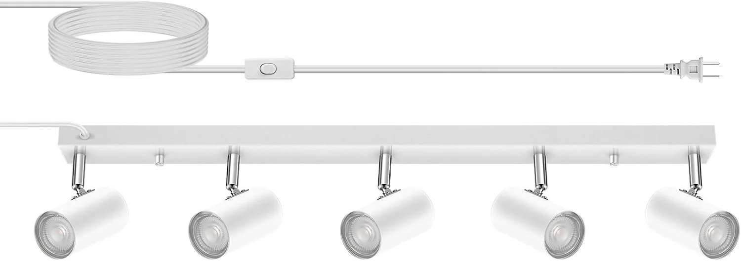 ست روشنایی ریلی 5 چراغ، چراغ سقفی مدرن 5 طرفه سفید، چراغ دیواری ال ای دی صنعتی برای آشپزخانه، گالری، راهرو، اتاق نشیمن، کلید راکر، سیم 15 فوتی (بدون لامپ)