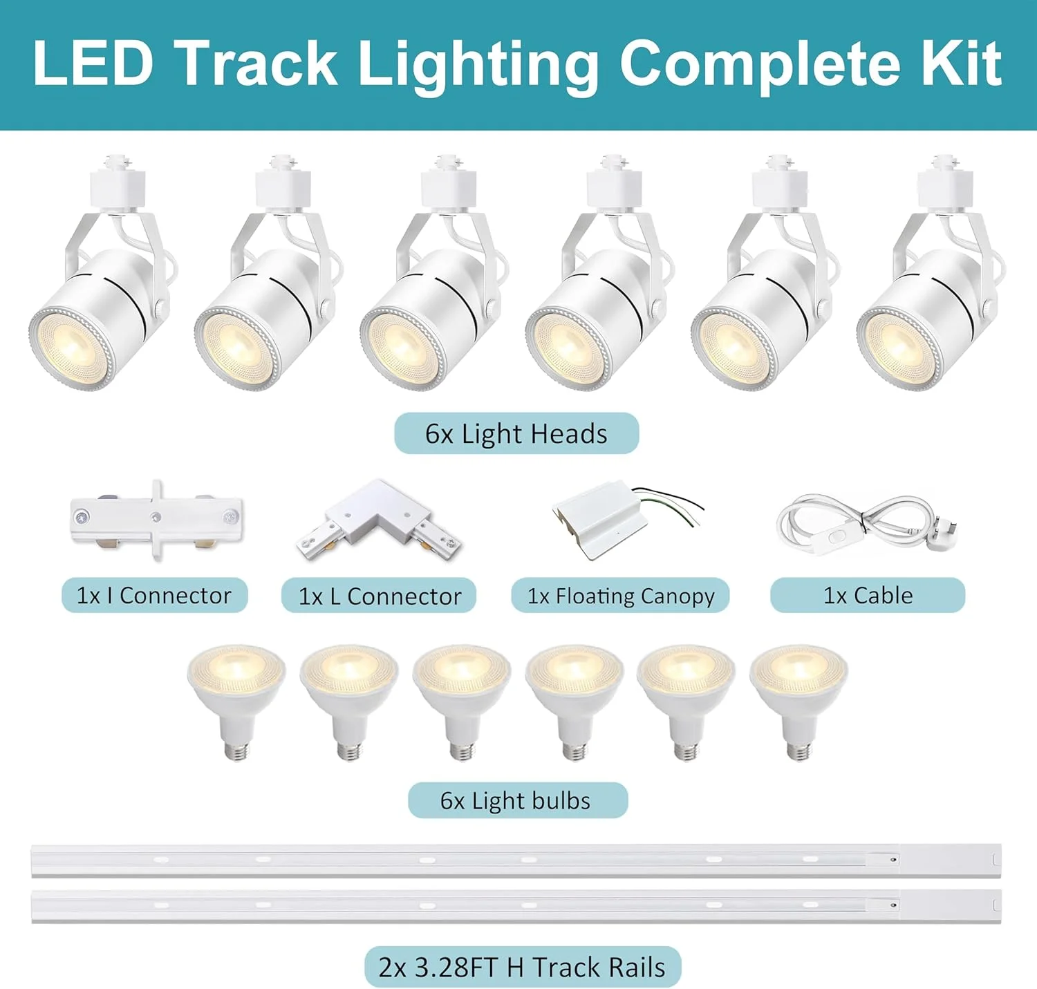 کیت نورپردازی ریلی LED، چراغ های ریلی PAR20 با 2 ریل 1 متری نوع H، چراغ های سقفی 20 واتی 6000K سفید یخی شامل 6 عدد لامپ LED برای فضای بزرگ کیت نورپردازی ریلی LED، چراغ های ریلی PAR20 با 2 ریل 1 متری نوع H، چراغ های سقفی 20 واتی 6000K سفید یخی شامل 6 عدد لامپ LED برای فضای بزرگ