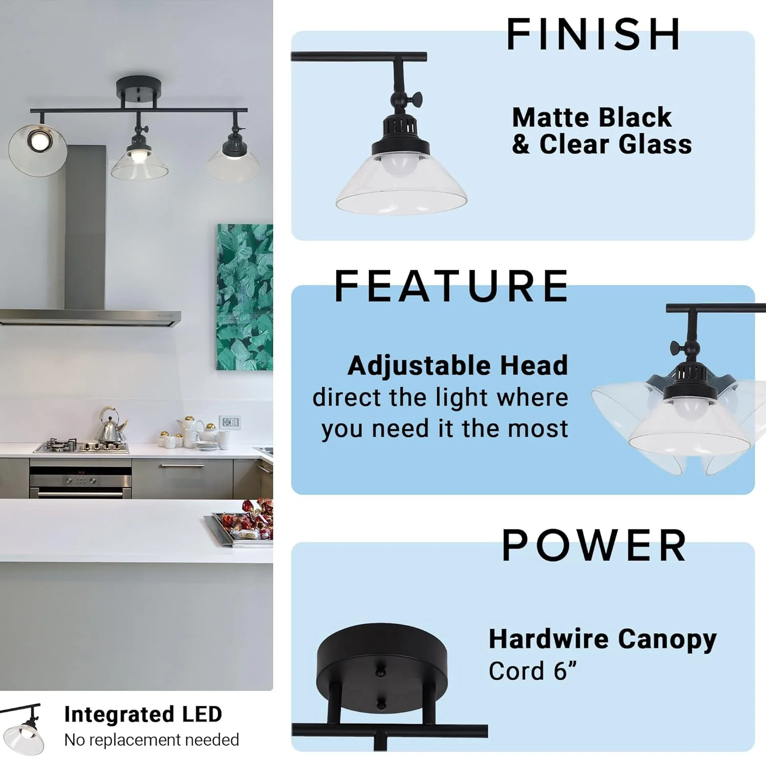 چراغ ریلی 3 شعله کاتالینا لایتینگ مدل 23211-000 با طراحی انتقالی و شیدهای شیشه ای شفاف قابل تنظیم، 23 اینچ، مشکی مات چراغ ریلی 3 شعله کاتالینا لایتینگ مدل 23211-000 با طراحی انتقالی و شیدهای شیشه ای شفاف قابل تنظیم، 23 اینچ، مشکی مات