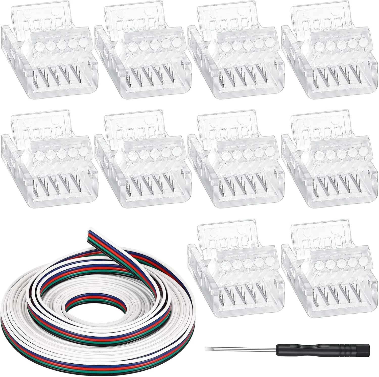 اتصال دهنده ال ای دی 5 پین 10 میلی متری برای چراغ های نواری 10 میلی متری، بسته 10 عددی اتصال دهنده نوار ال ای دی بدون لحیم، اتصالات نورپردازی مسیر شفاف، شامل کابل افزایش طول نوار نور ال ای دی 16.4 فوتی به همراه پیچ گوشتی