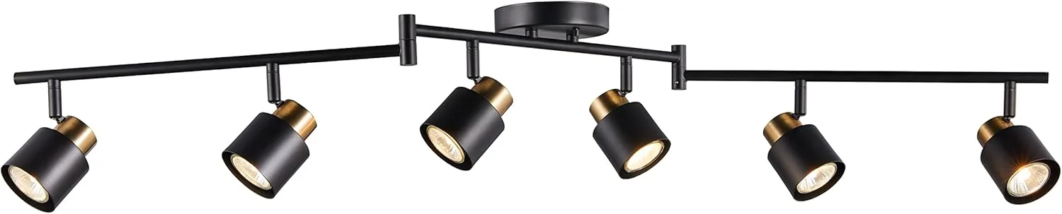 کیت نورپردازی ریلی تاشو 6 لامپه CRAFTRONOS، مشکی مات با روکش برنجی، قابل تنظیم با نورافکن سقفی مدرن برای آشپزخانه، اتاق غذاخوری، اتاق نشیمن، بهبود خانه