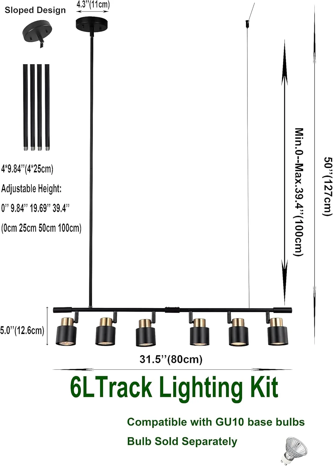 ست نورپردازی ریلی 6 شاخه، مشکی مات با پرداخت برنجی، ارتفاع قابل تنظیم با نورافکن سقفی مدرن برای آشپزخانه، اتاق غذاخوری، اتاق نشیمن، بهبود خانه