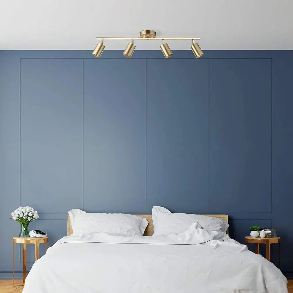 چراغ ریلی 4 شاخه الکتریکی، برنجی مات، با قابلیت چرخش، مدرن، مناسب آشپزخانه، چراغ سقفی ریلی.