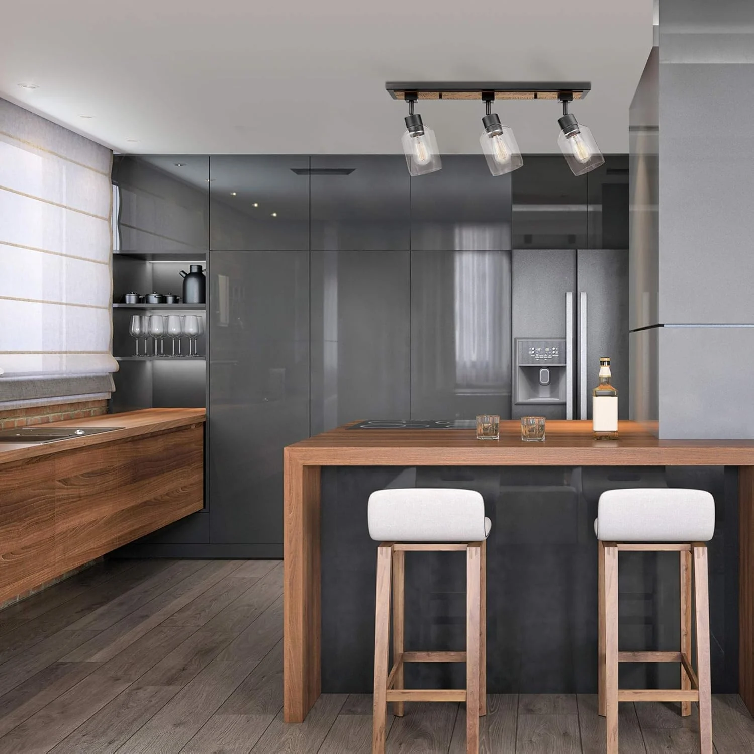 چراغ ریلی 3 شاخه 25 اینچی گریفیت گلوب الکتریک مدل 59798، طرح چوب، با جزئیات مشکی مات و شیدهای شیشه ای شفاف