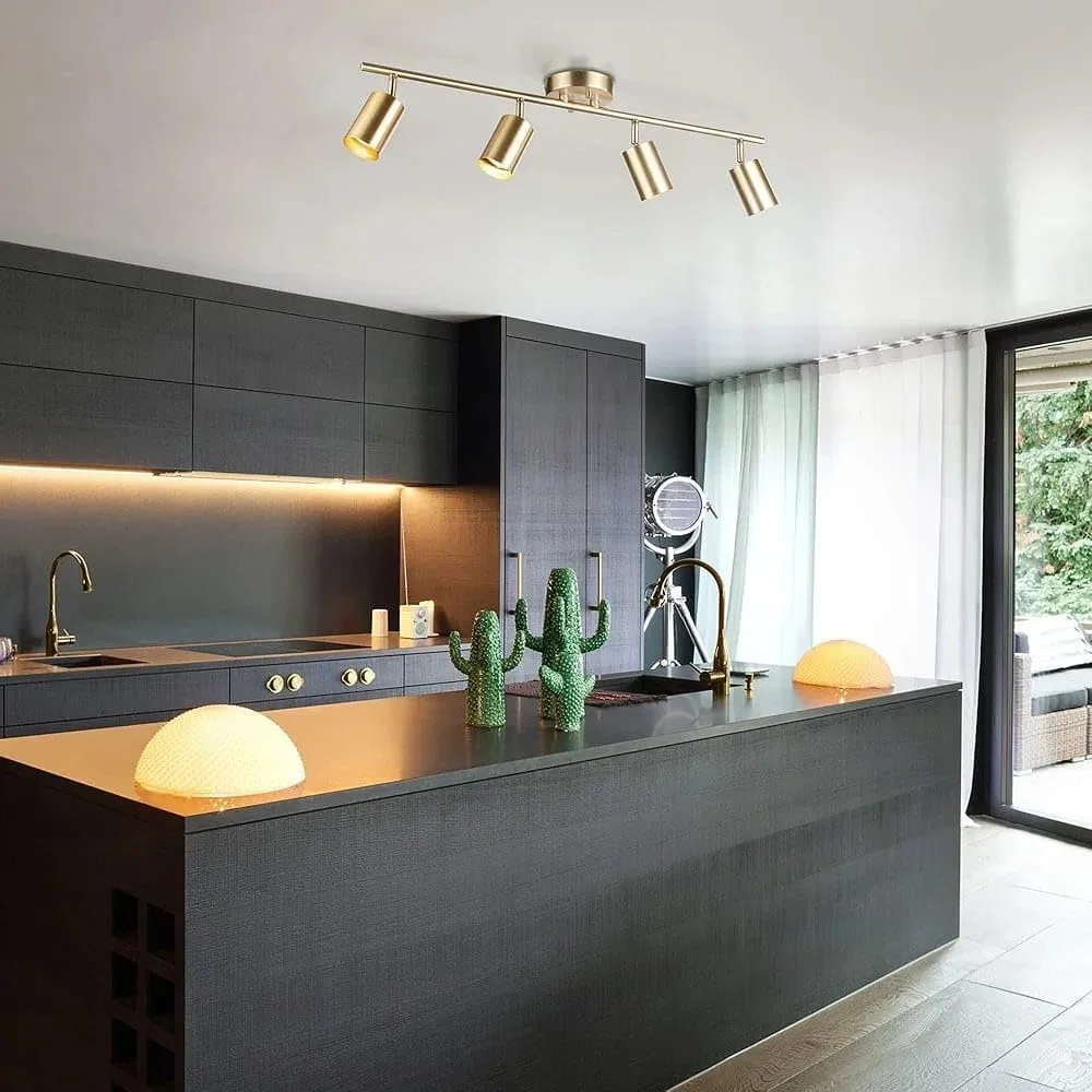 چراغ ریلی 4 شاخه الکتریکی، برنجی مات، با قابلیت چرخش، مدرن، مناسب آشپزخانه، چراغ سقفی ریلی.
