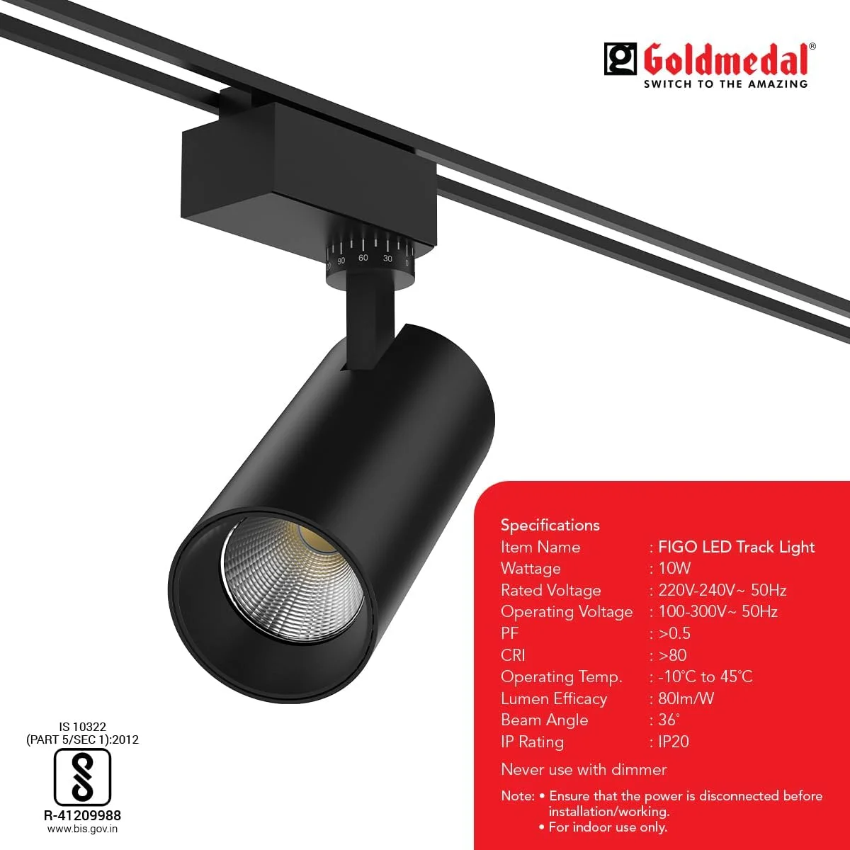 چراغ ریلی ال ای دی 10 وات Goldmedal Figo (رنگ بدنه: مشکی) - سفید طبیعی (4000K) | بسته 1 عددی | مناسب برای ریل تک فاز 2 سیم | زاویه تابش: 36 درجه | برای استفاده در فضای داخلی | تا 85 لومن در هر وات