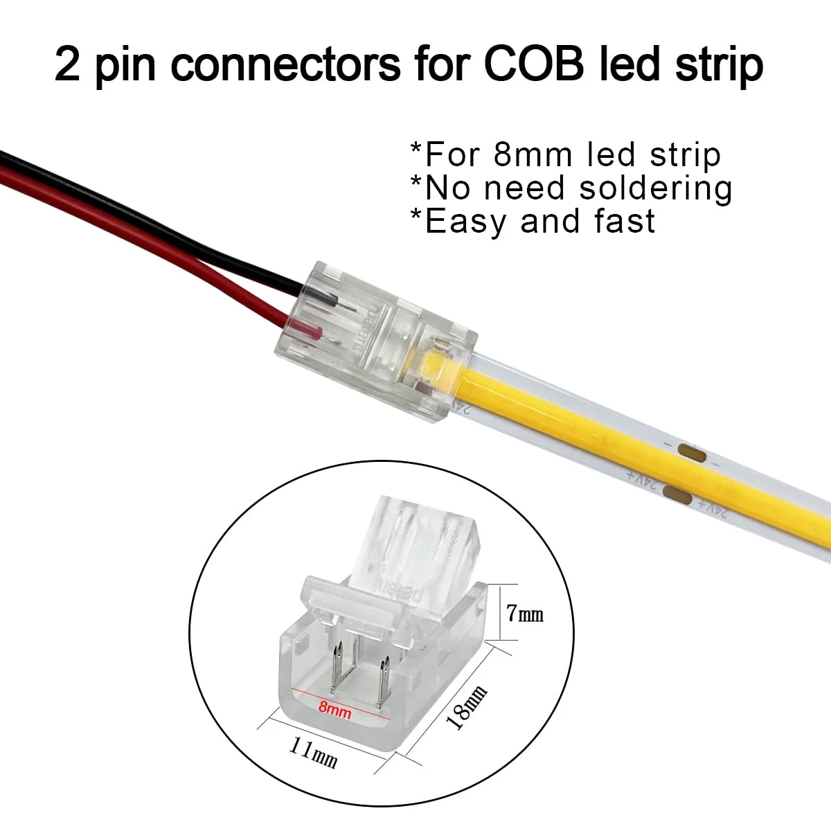 اتصالات چراغ نواری ال ای دی 8 میلی‌متری COB، 2 پین همراه با سیم، کیت گیره شفاف، آداپتور بدون لحیم، اتصال توسعه ترمینال برای نوار ال ای دی انعطاف پذیر سفید/گرم 12 ولت 24 ولت (مجموعا 12 عدد)