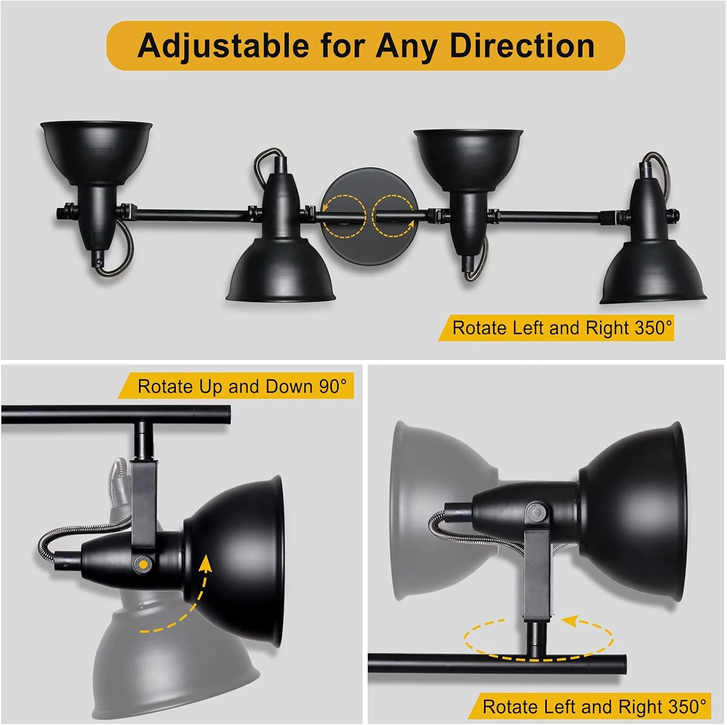 چراغ ریلی صنعتی HiBay، کیت چراغ های LED چهار شاخه با قابلیت تنظیم، لامپ مشکی قابل تنظیم برای آشپزخانه، اتاق نشیمن، اتاق خواب، اتاق غذاخوری، پایه E12 (لامپ شامل نمی شود)