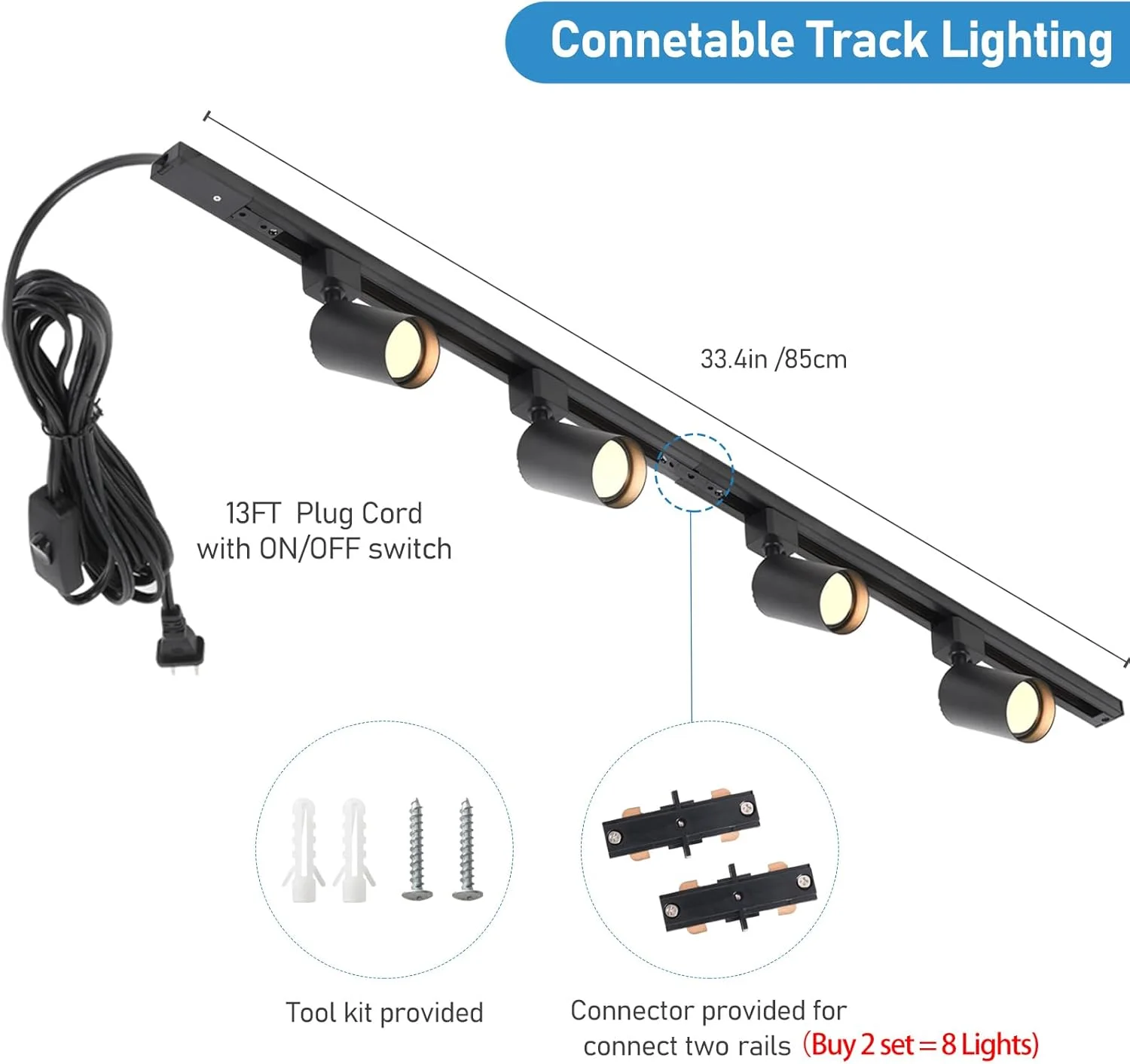 چراغ ریلی با سیم برق، کیت چراغ ریلی 4-شاخه GU10 با ریل، چراغ های ال ای دی مدرن سقفی/دیواری مناسب آشپزخانه، سیم 13 فوتی، مشکی (بدون لامپ)