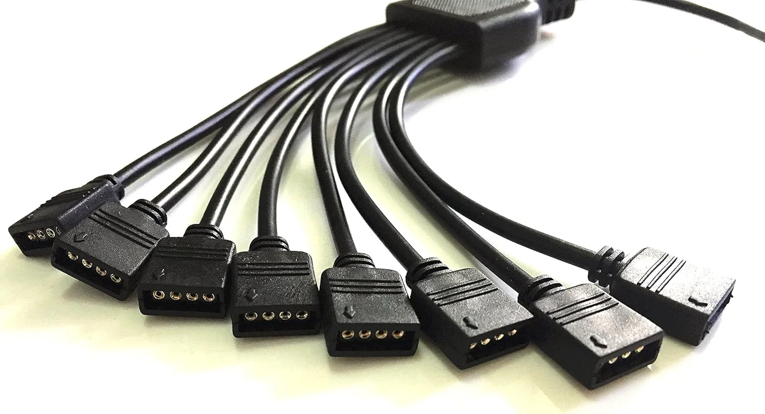 کابل تقسیم کننده ال ای دی RGB مشکی 4 پین، کانکتور نوار ال ای دی 8 راهه، تقسیم کننده Y برای اتصال یک به هشت نوار چراغ ال ای دی RGB 5050 3528 به همراه سیم 1 متری RGB و 10 عدد پلاگین 4 پین نر به نر کابل تقسیم کننده ال ای دی RGB مشکی 4 پین، کانکتور نوار ال ای دی 8 راهه، تقسیم کننده Y برای اتصال یک به هشت نوار چراغ ال ای دی RGB 5050 3528 به همراه سیم 1 متری RGB و 10 عدد پلاگین 4 پین نر به نر