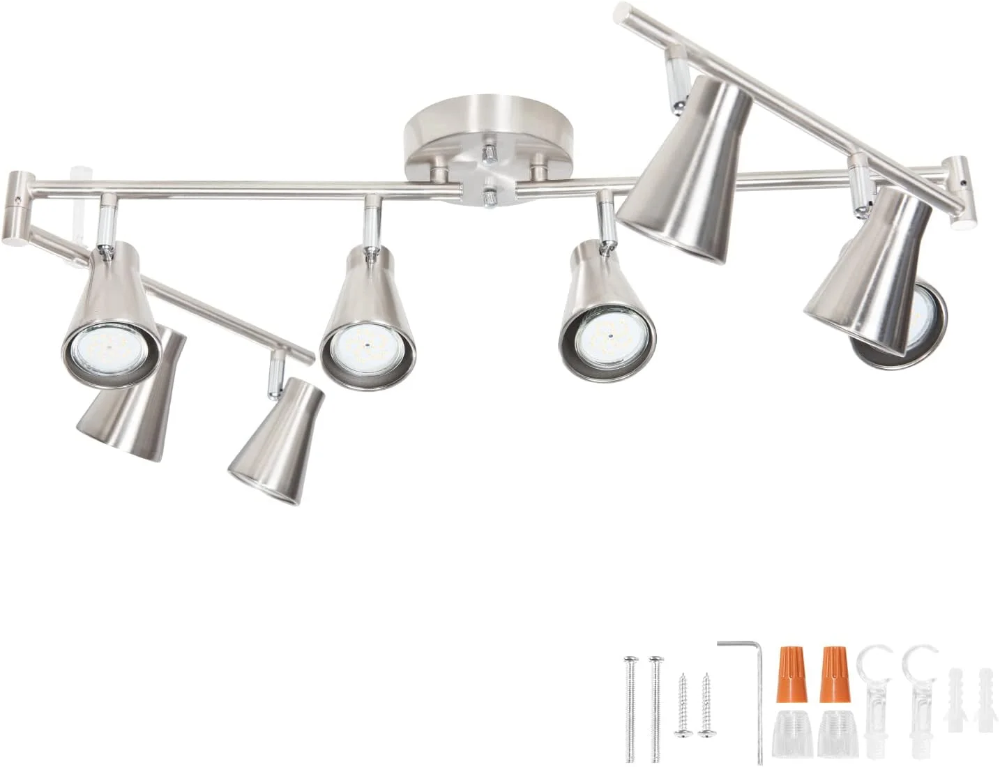 چراغ ریلی 8 لامپه LED انعطاف پذیر و قابل تنظیم، چراغ سقفی با سر چراغ ریلی GU10، نورپردازی تاکیدی با بازوی تاشو، نیکل برس خورده (لامپ ها شامل نمی شوند) چراغ ریلی 8 لامپه LED انعطاف پذیر و قابل تنظیم، چراغ سقفی با سر چراغ ریلی GU10، نورپردازی تاکیدی با بازوی تاشو، نیکل برس خورده (لامپ ها شامل نمی شوند)