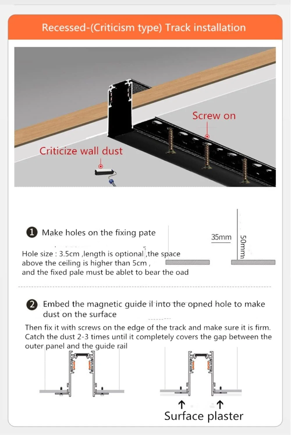 سیستم نورپردازی ریلی مغناطیسی، ریل مغناطیسی توکار سقفی 48 ولت (2 متری توکار)