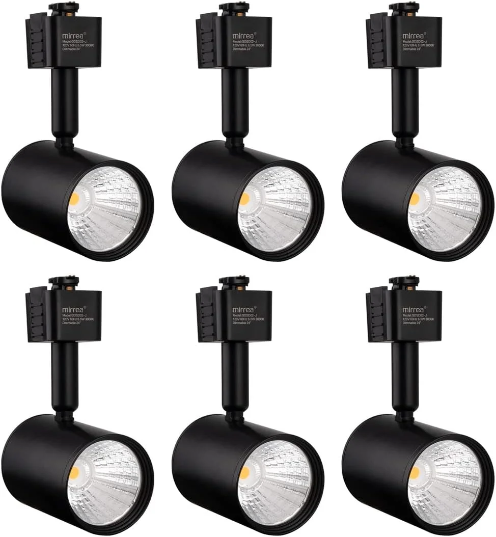 چراغ های ریلی LED Mirrea سازگار با ریل های تک مداره نوع J، چراغ سقفی برای نورپردازی تاکیدی، آثار هنری دیواری، نورپردازی نمایشگاهی، 6.5 وات، 24 درجه، مشکی، بسته 6 عددی (3000K سفید گرم)