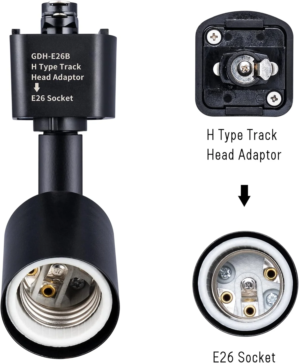 آداپتور چراغ ریلی نوع H به پایه پیچی متوسط E26، قابلیت تنظیم جهت نور، بسته 6 عددی (مشکی) آداپتور چراغ ریلی نوع H به پایه پیچی متوسط E26، قابلیت تنظیم جهت نور، بسته 6 عددی (مشکی)