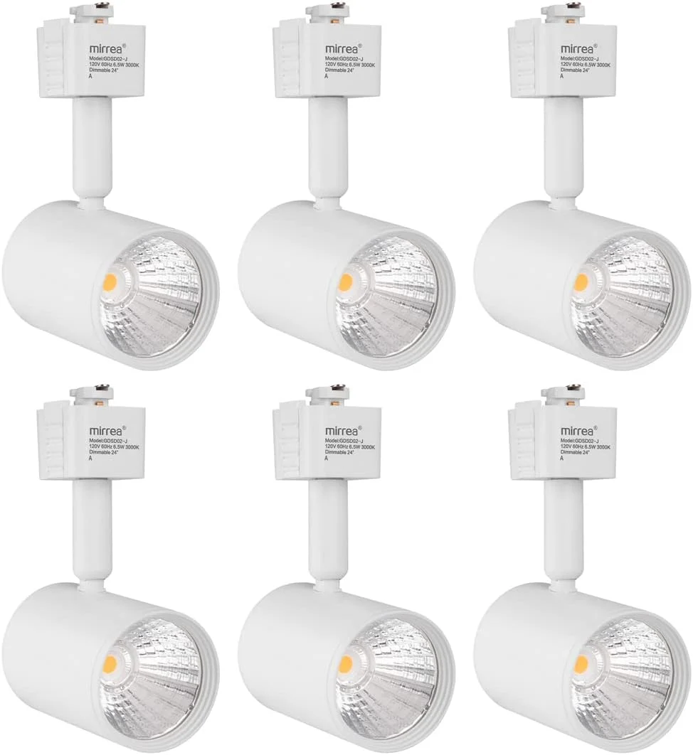چراغ های ریلی LED Mirrea سازگار با ریل های تک مداره نوع J، چراغ سقفی برای نورپردازی تاکیدی، آثار هنری دیواری، نورپردازی نمایشگاهی 6.5 وات 24 درجه سفید بسته 6 عددی (3000K سفید گرم)