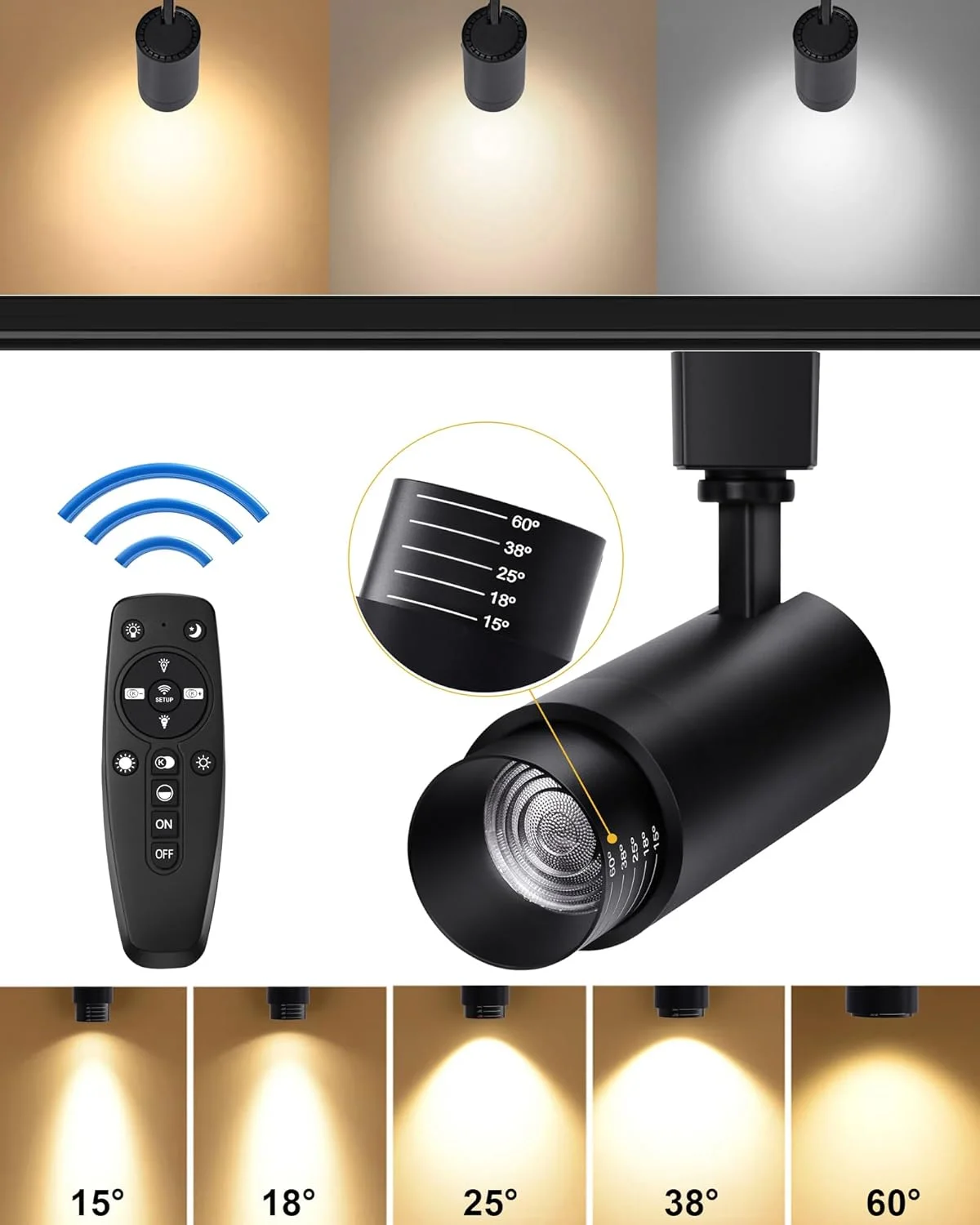 چراغ های ریلی LED با قابلیت تنظیم زوم، 2700K-6500K، تنظیم نور پیوسته، چراغ های ریلی سقفی نوع H مناسب آشپزخانه، بدون سوسو، 15 تا 60 درجه، CRI90، 12 وات، 1200 لومن، رنگی