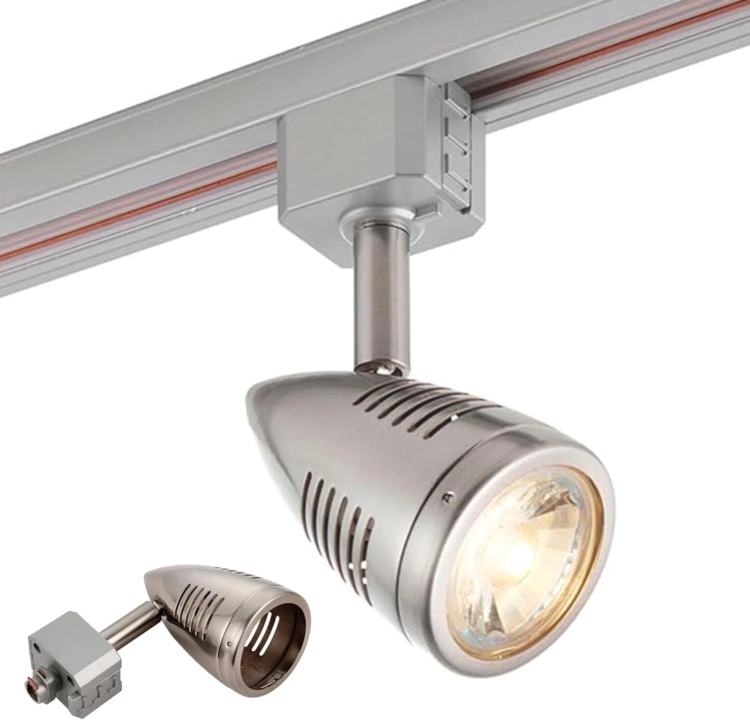 چراغ ریلی چند جهته نشنال لایتینگ با طراحی بولت، روکش کروم ساتن، سازگار با لامپ ال ای دی GU10، دارای قابلیت تنظیم