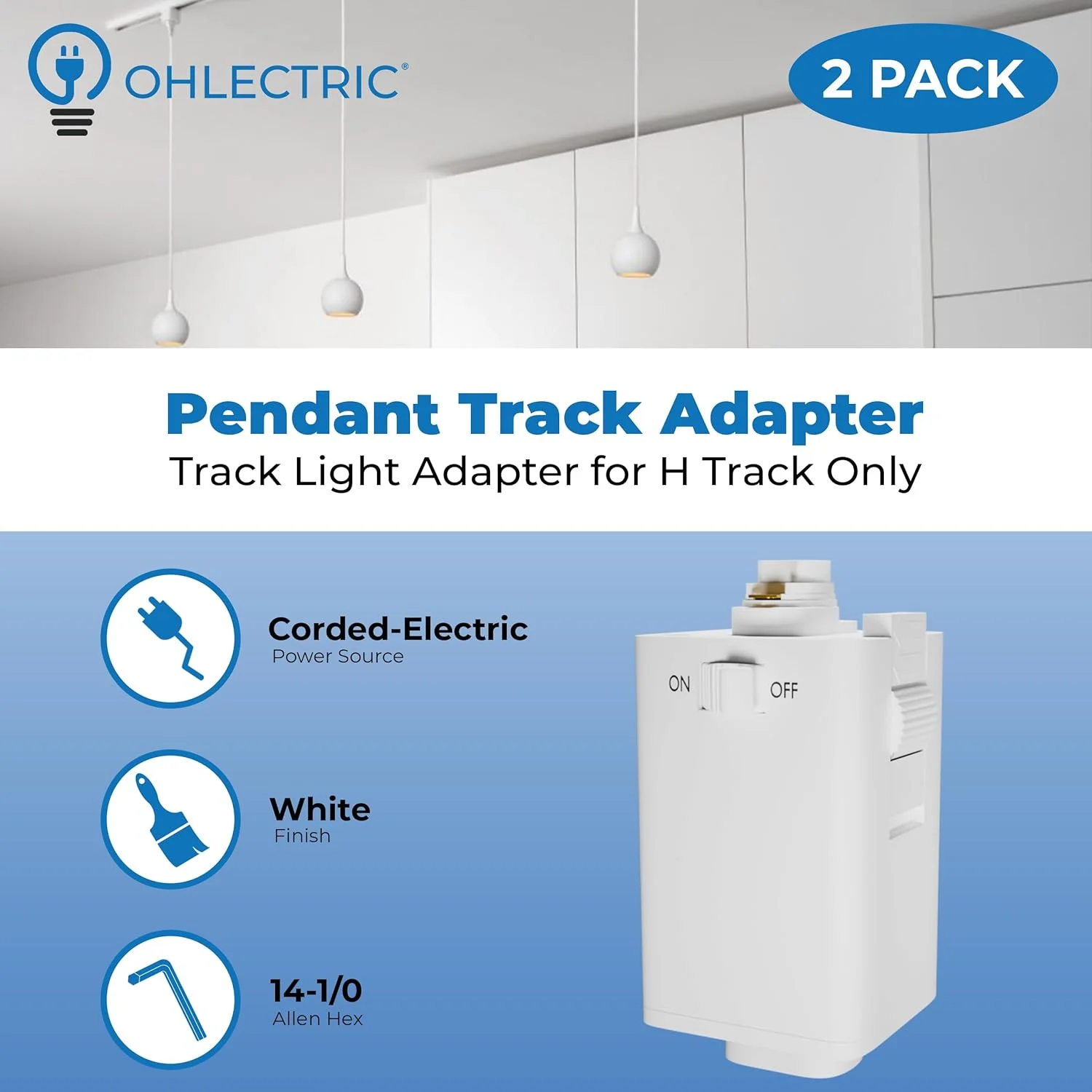 آداپتور آویز ریلی OHLECTRIC - آداپتور چراغ ریلی با سیستم روشنایی ریلی نوع H - آداپتور ریل هالو از وزن حداکثر 10 پوند و سیم SVT 18/3 پشتیبانی می کند - سفید، بسته 2 عددی - OL-44067