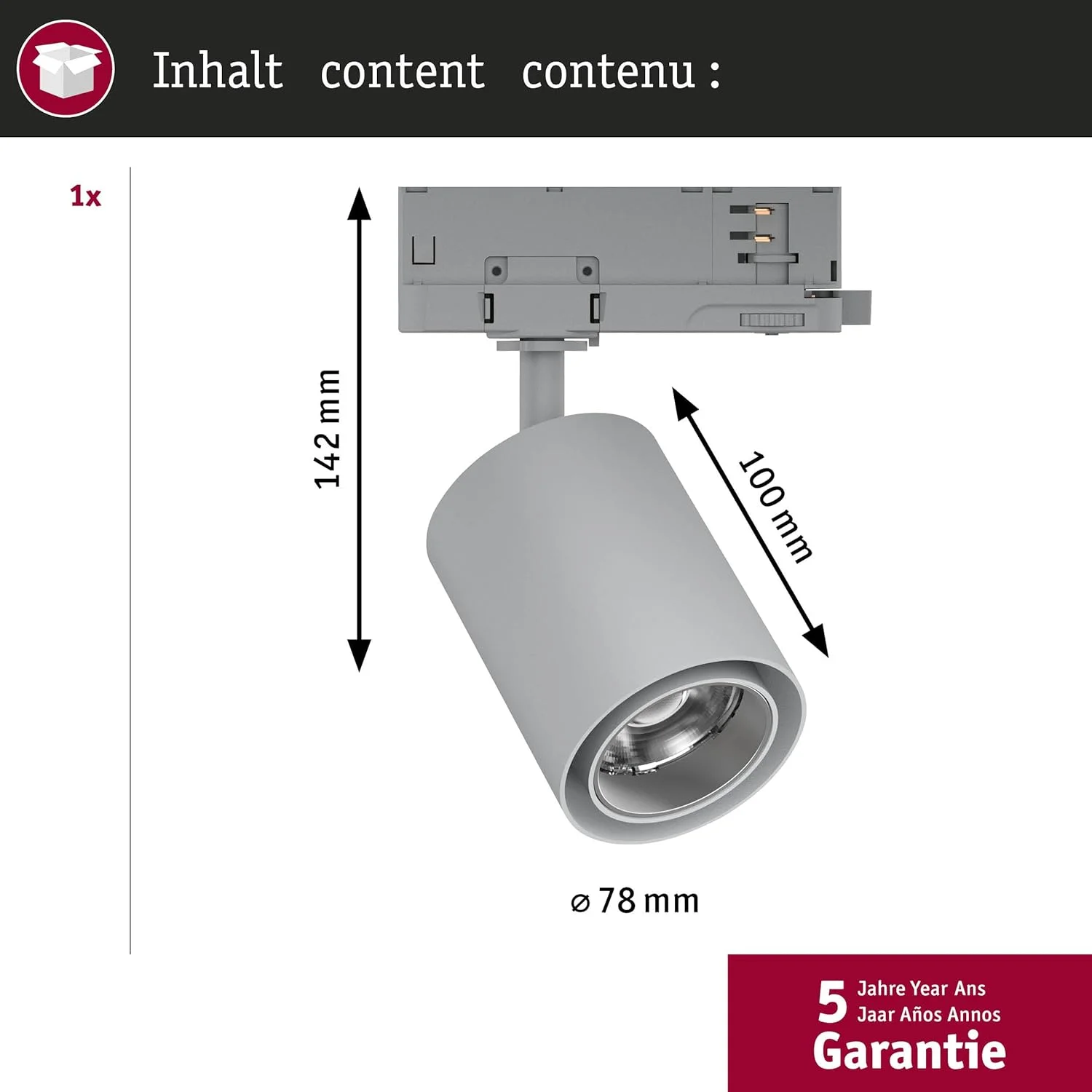 چراغ ریلی LED مدل Kratos 36° Paulmann 96558 ProRail3، با نور 1000 لومن، توان 9 وات، دمای رنگ 3000 کلوین، 230 ولت، رنگ نقره ای، مناسب سیستم روشنایی ریلی
