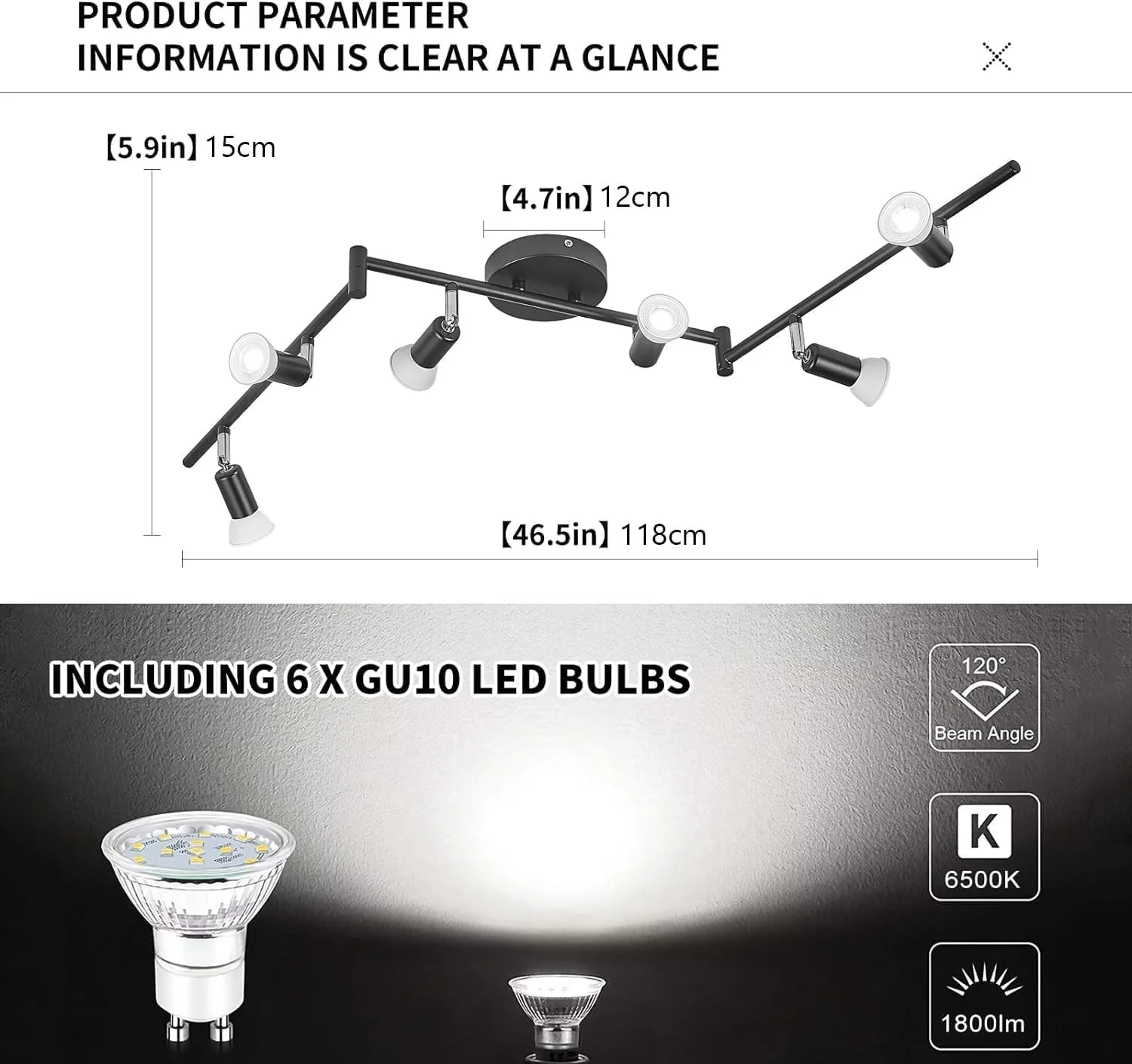 چراغ سقفی مدرن مشکی 6-شاخه Qcyuui، کیت چراغ ریلی LED با سر چراغ قابل تنظیم، چراغ های نقطه ای سقفی نصب شده برای اتاق غذاخوری، آشپزخانه، اتاق خواب (شامل 6 عدد لامپ GU10)